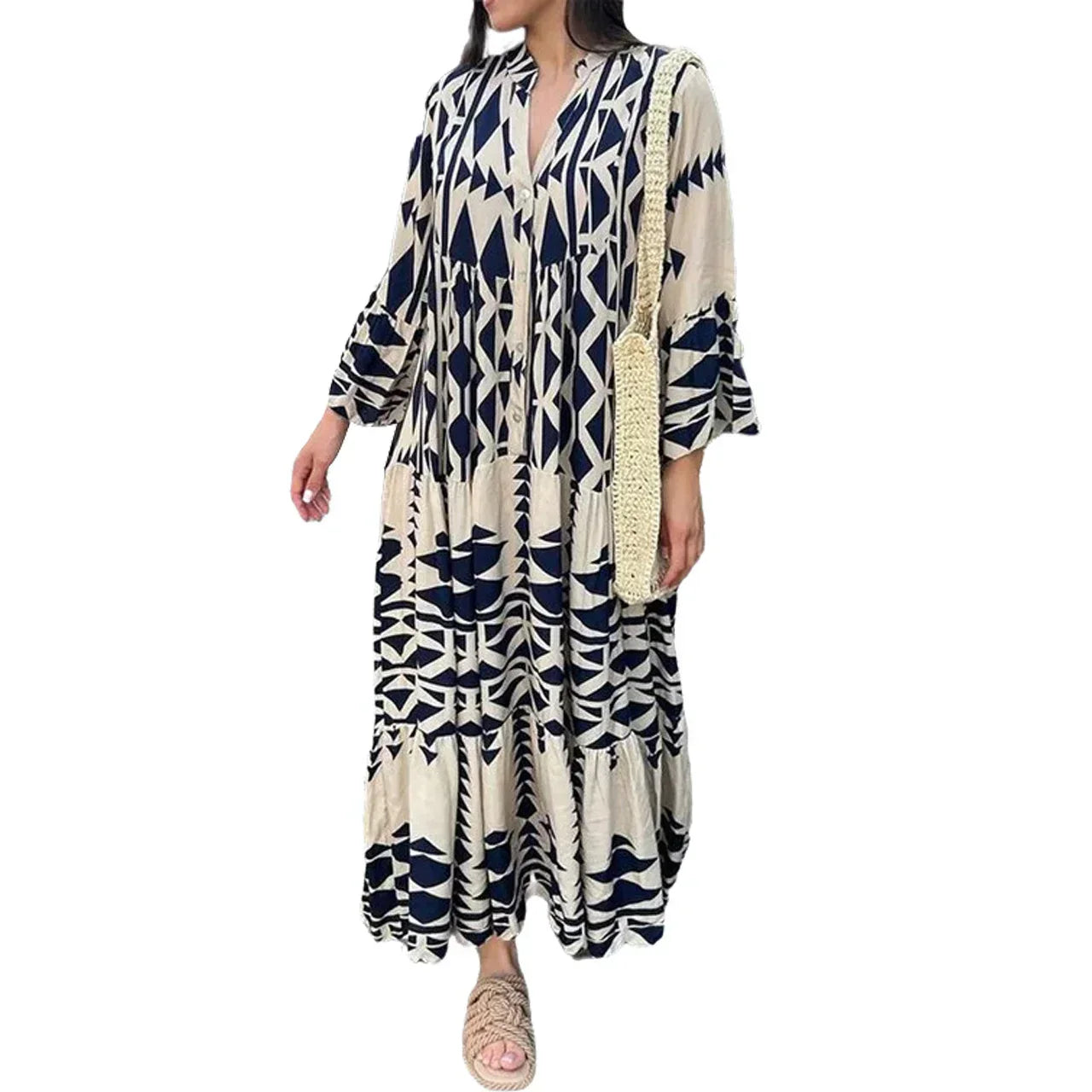 Women wearing casual shirt maxi dress with button front design and long flowing silhouette