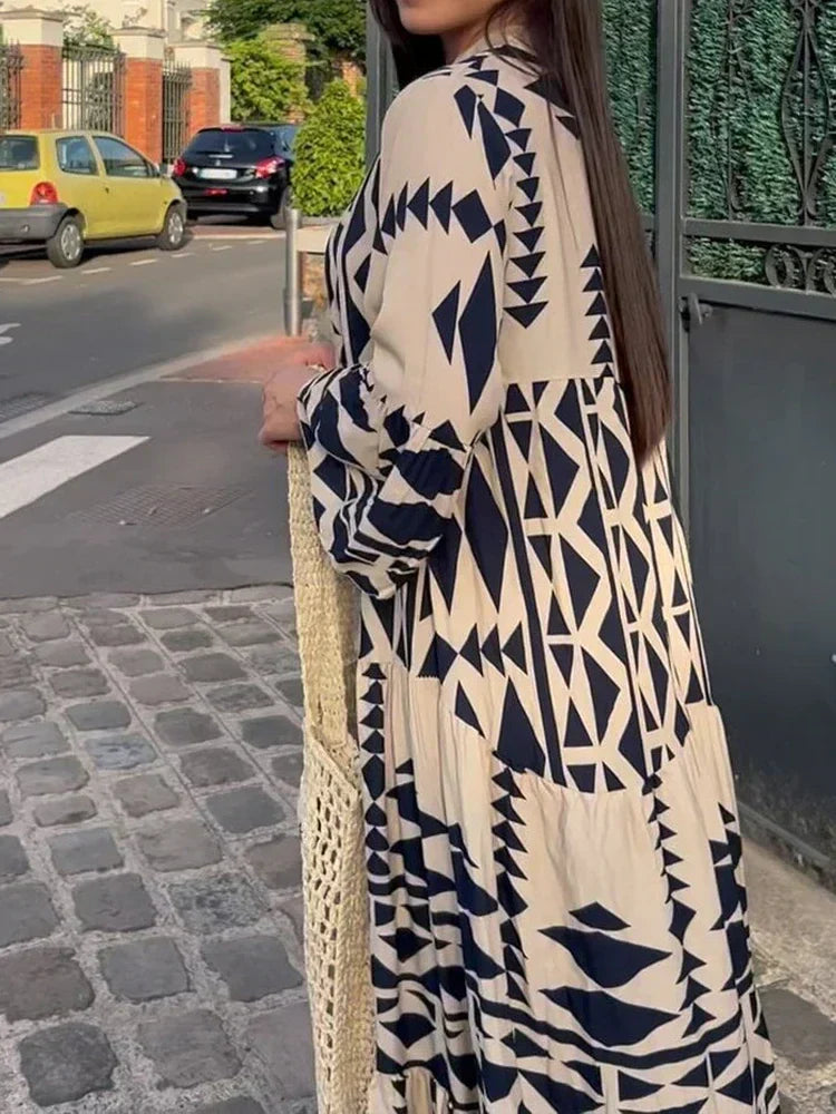 Women wearing casual shirt maxi dress with button front design and long flowing silhouette