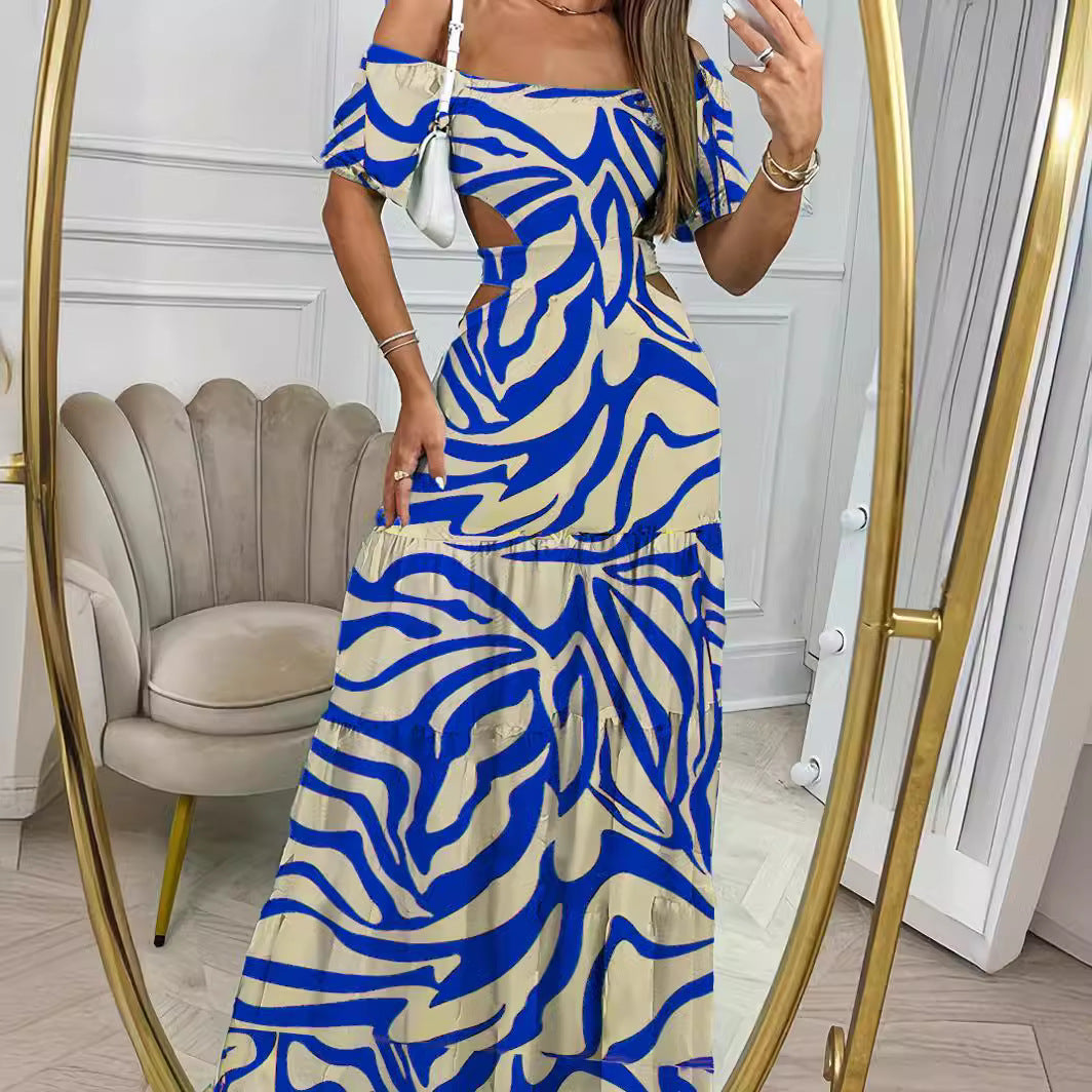 Women’s floral off shoulder dress with cut-out waist and ruffle hem