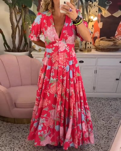 Women’s lightweight maxi dress with elastic waist and V-neck