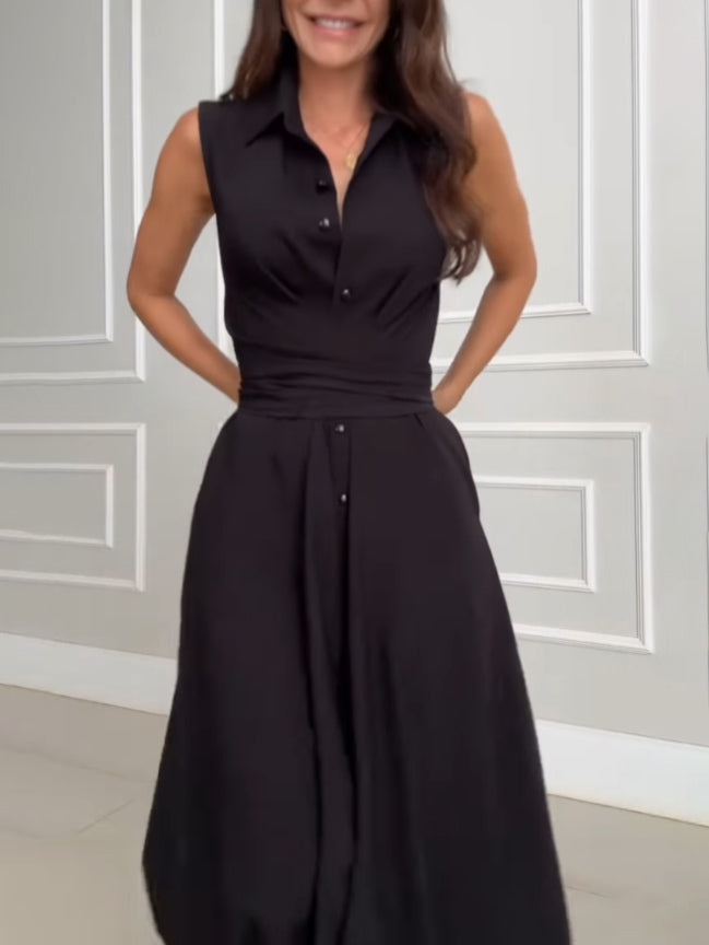 Women’s sleeveless midi shirt dress with tie waist and button front