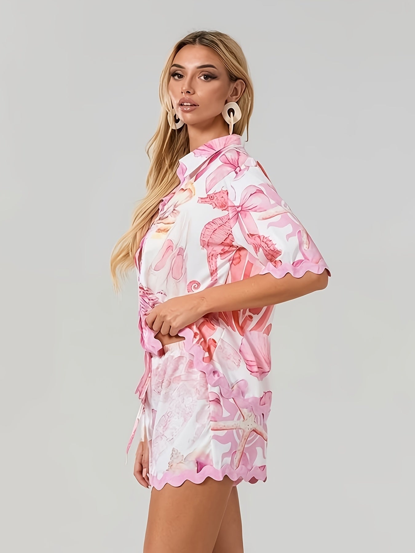 Women printed two piece set with short sleeve shirt scalloped trim and high waist drawstring shorts for summer wear