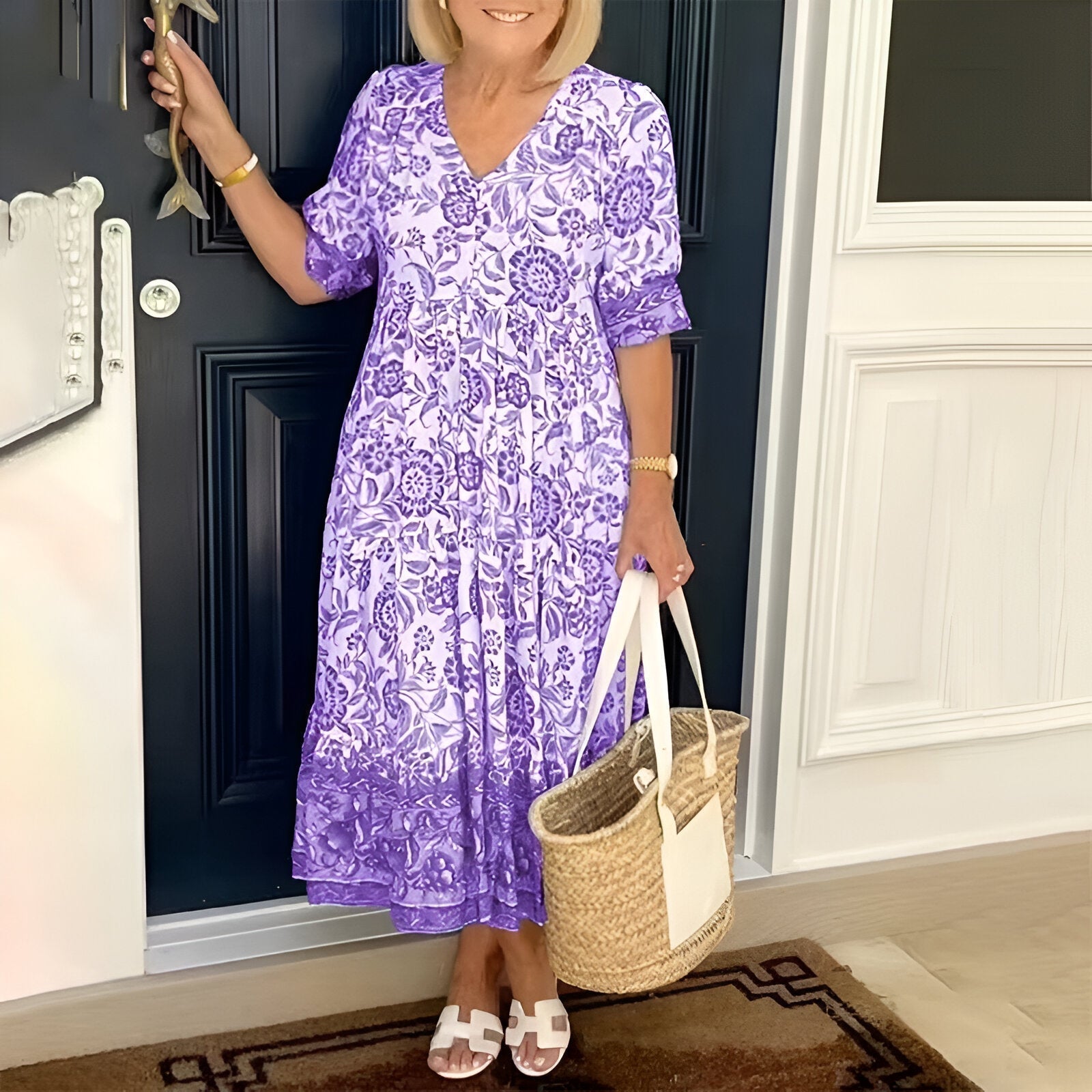 Women’s V-neck bohemian dress with short sleeves and relaxed fit