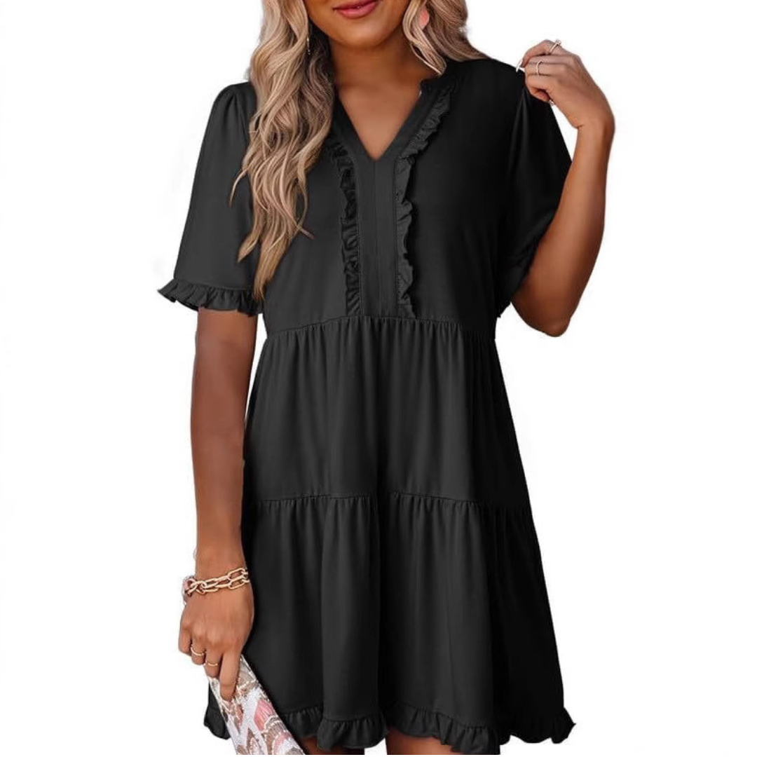 Women’s V-neck casual mini dress in solid color with relaxed fit