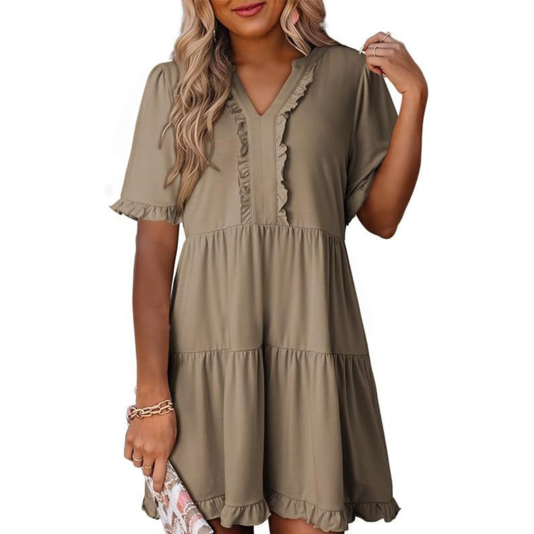 Women’s V-neck casual mini dress in solid color with relaxed fit