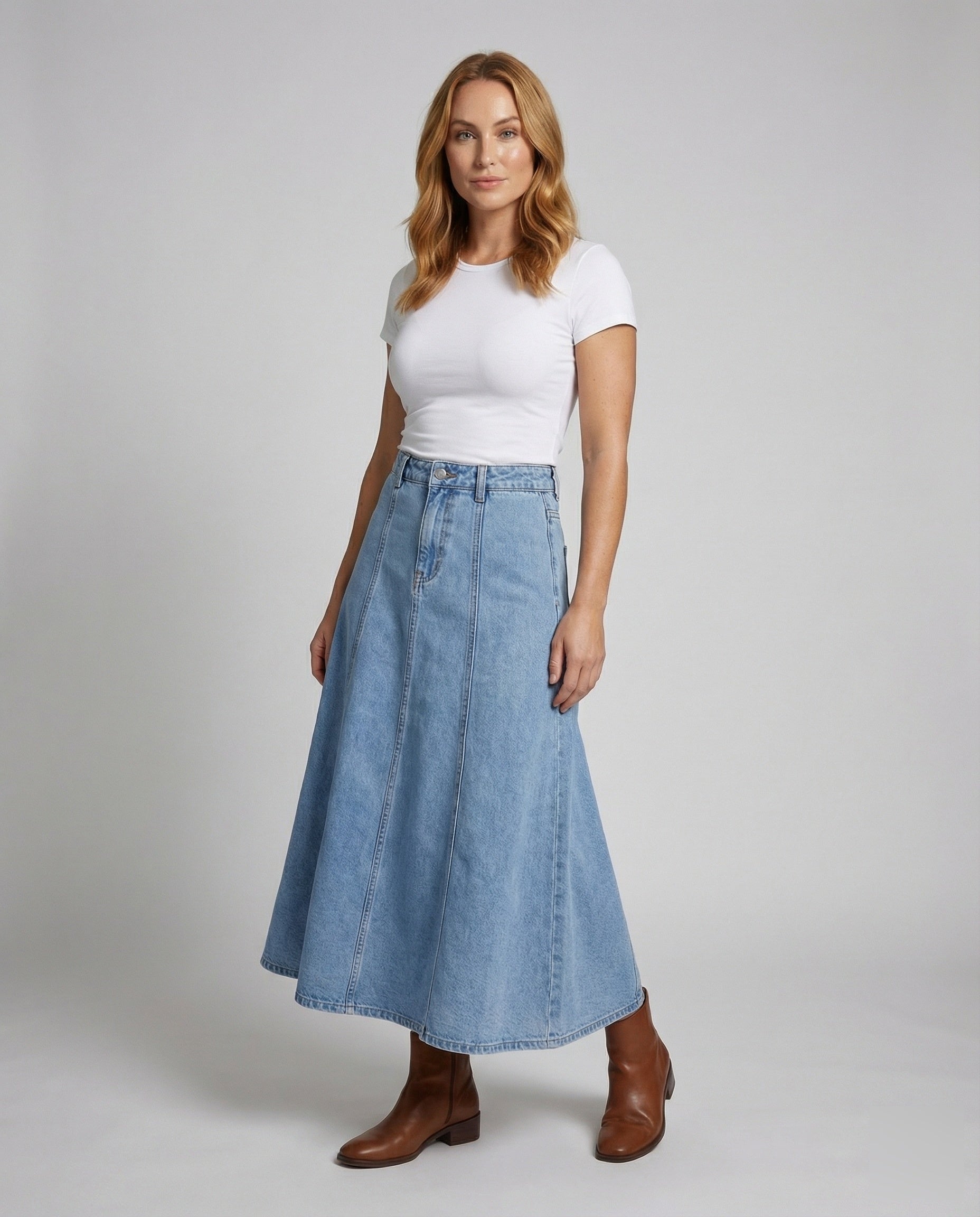 Women’s A-line denim panel skirt with high waist and flowing silhouette