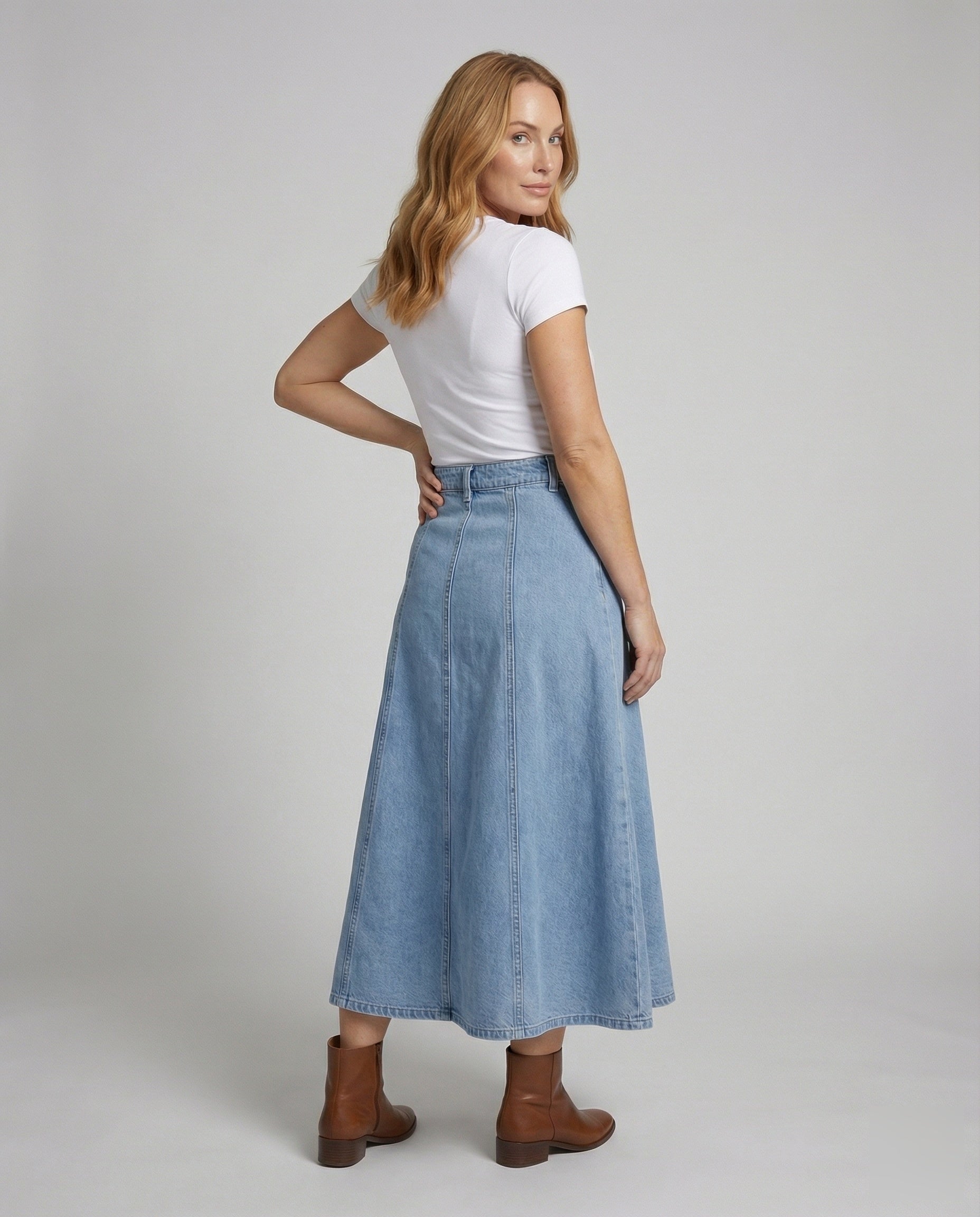 Women’s A-line denim panel skirt with high waist and flowing silhouette