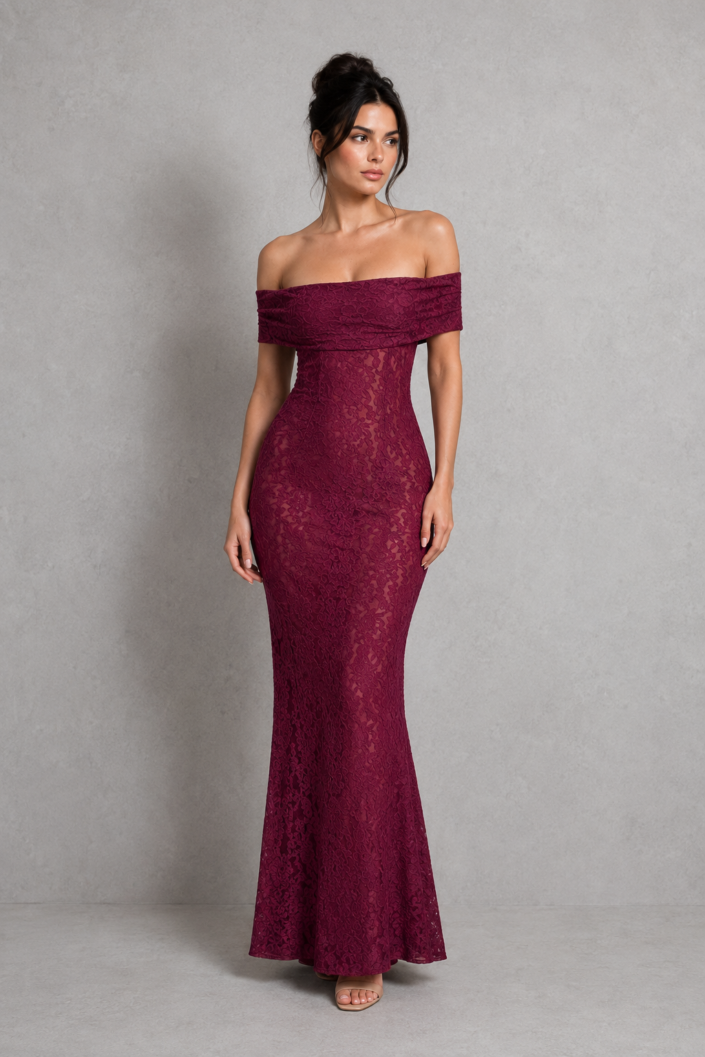 Women's off-the-shoulder bardot floral lace maxi dress with a fit-and-flare silhouette, sheer lace detailing, contour seams, and a low cut-out back, designed for elegant evening and special occasion wear.