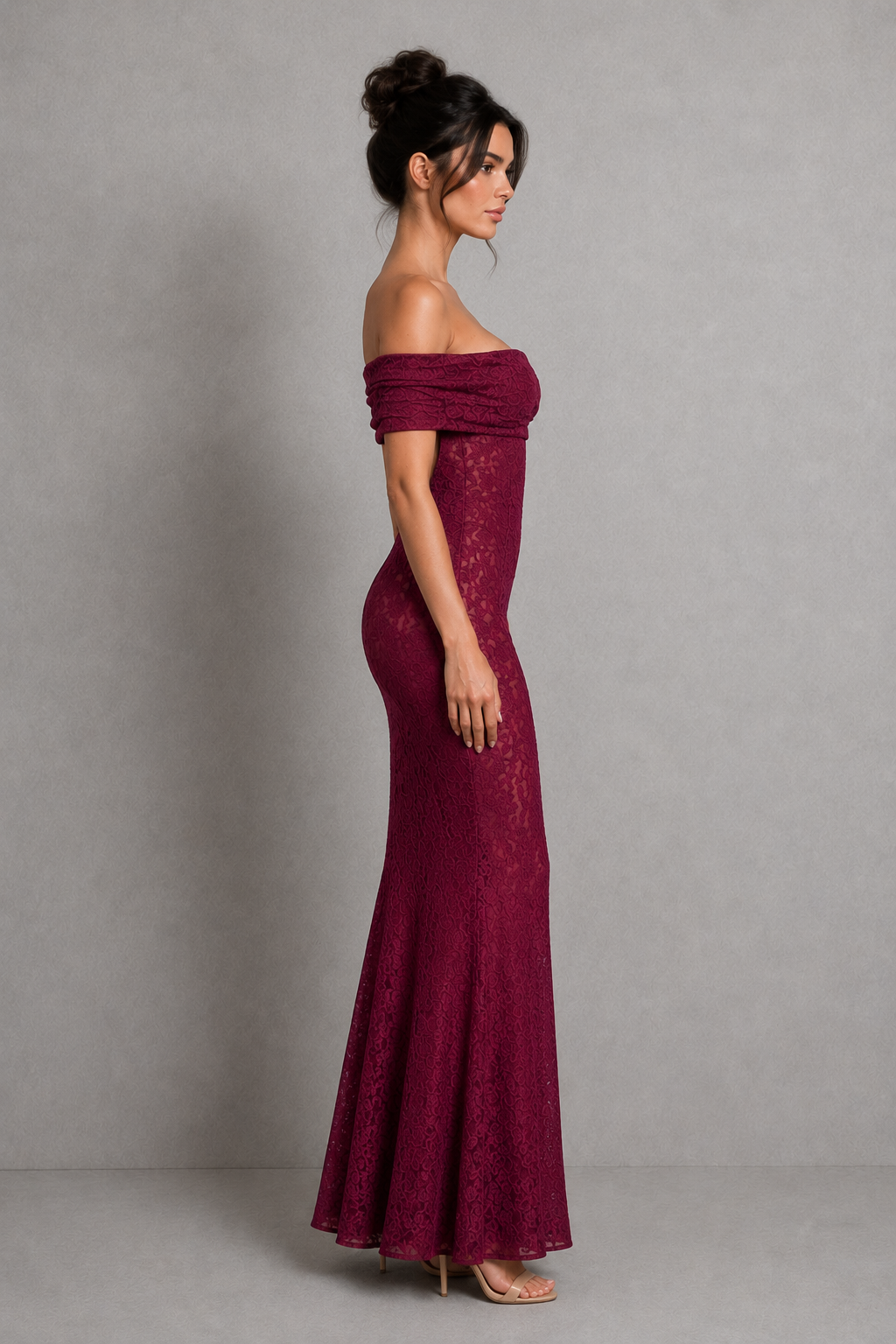 Women's off-the-shoulder bardot floral lace maxi dress with a fit-and-flare silhouette, sheer lace detailing, contour seams, and a low cut-out back, designed for elegant evening and special occasion wear.