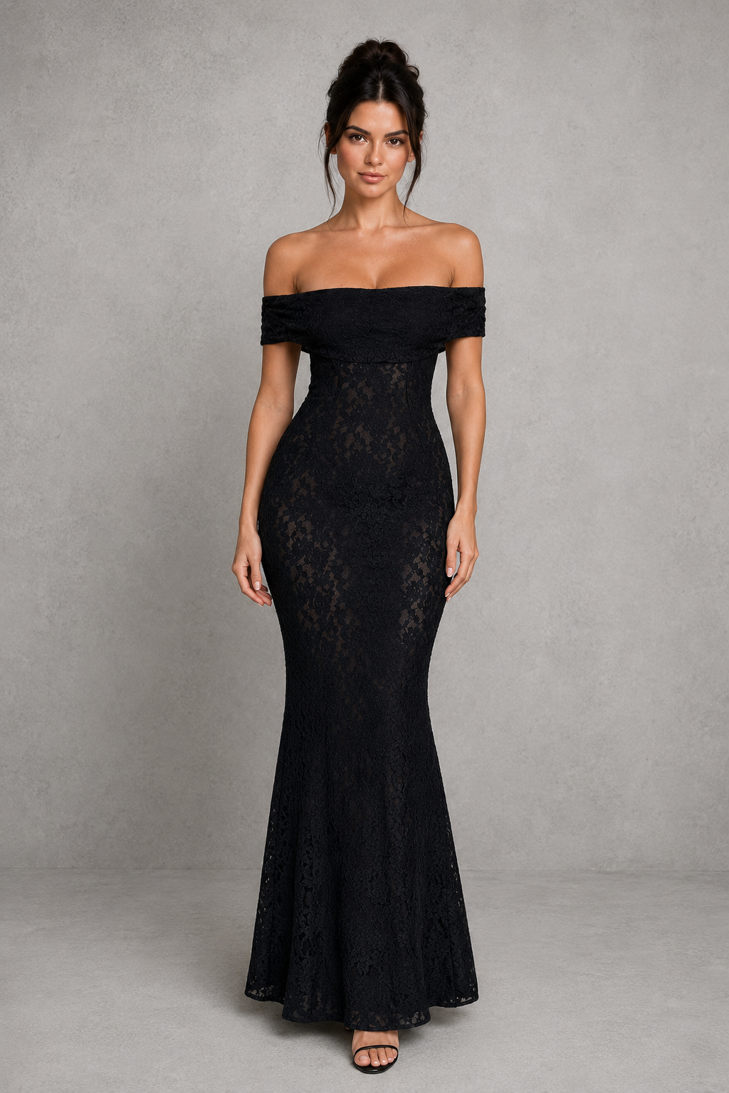 Women's off-the-shoulder bardot floral lace maxi dress with a fit-and-flare silhouette, sheer lace detailing, contour seams, and a low cut-out back, designed for elegant evening and special occasion wear.