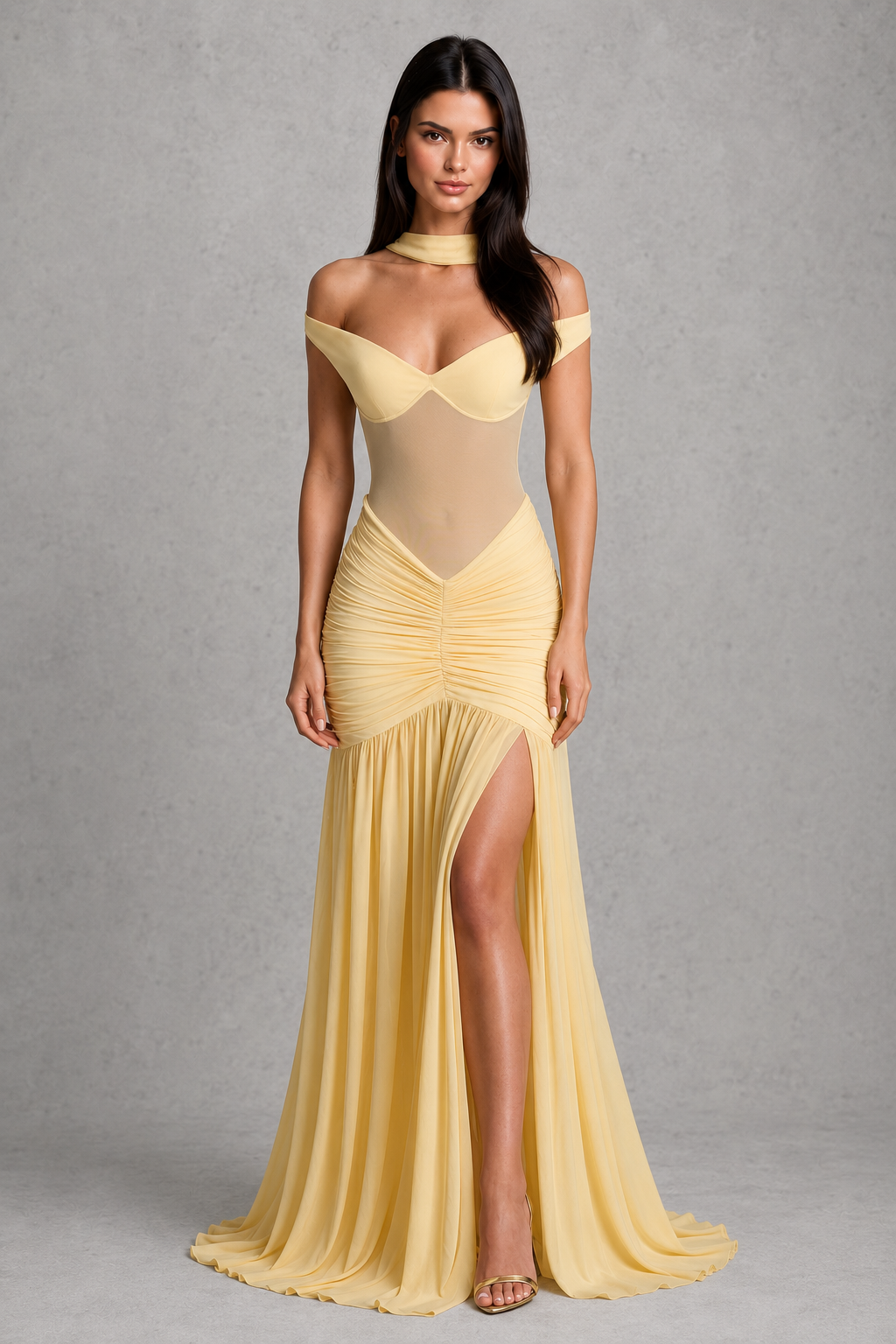 Women’s bardot mesh maxi dress with a sweetheart neckline, sheer mesh bodice, ruched hips, dropped waist, and dramatic thigh-high split. Elegant fitted silhouette with a flowing skirt, designed for evening events, formal occasions, and special celebrations.