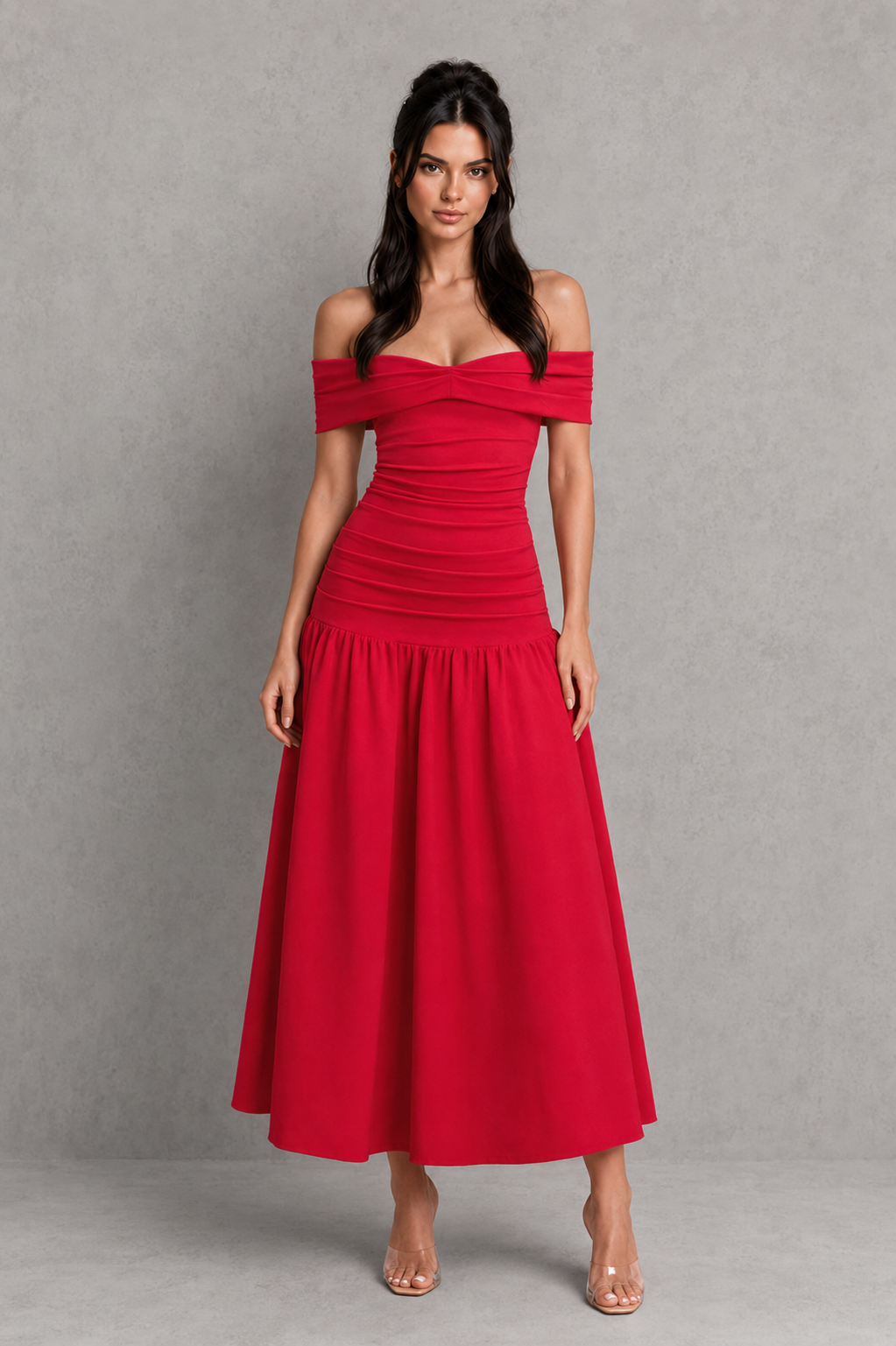 Women's bardot midaxi dress featuring an off-the-shoulder pleated neckline, asymmetric pleated bodice, fitted silhouette, dropped waist, and flowing gathered skirt, designed for elegant evening events and special occasions.