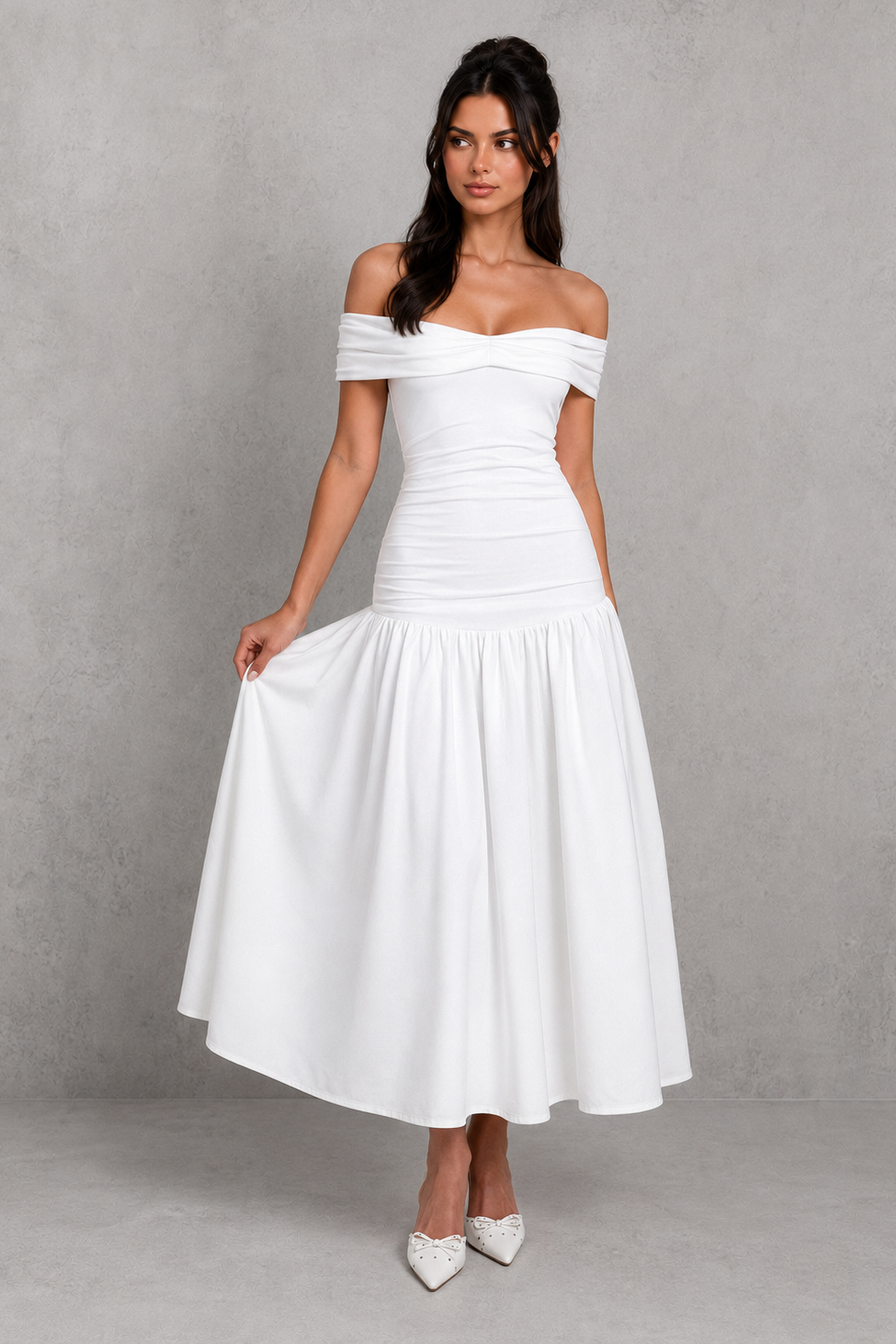 Women's bardot midaxi dress featuring an off-the-shoulder pleated neckline, asymmetric pleated bodice, fitted silhouette, dropped waist, and flowing gathered skirt, designed for elegant evening events and special occasions.