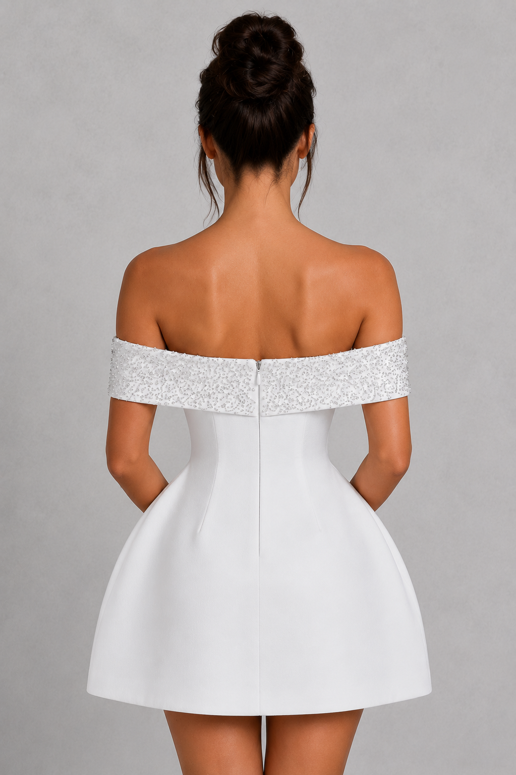 Women's Bardot satin mini dress with a beaded off-the-shoulder neckline, fitted bodice, cinched waist, and voluminous bubble skirt for parties and special occasions.