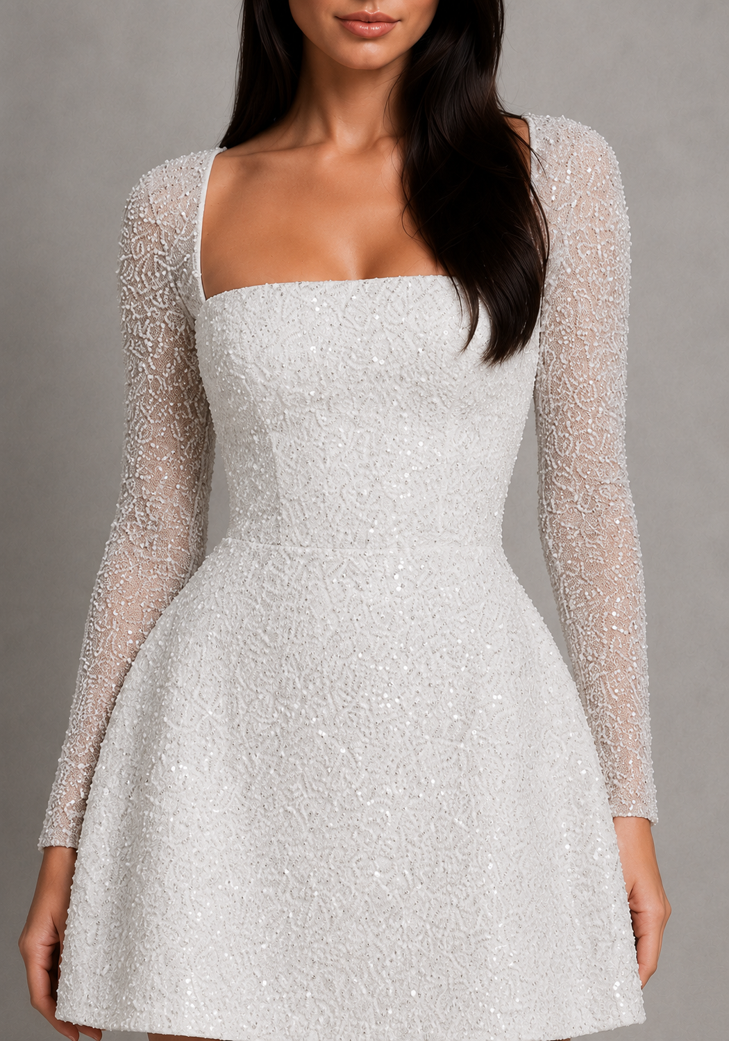 Women's beaded mini dress featuring a straight neckline, fitted bodice, voluminous bubble skirt, sheer long flared sleeves, intricate bead embellishments, and an open lace-up back, ideal for parties and special occasions.
