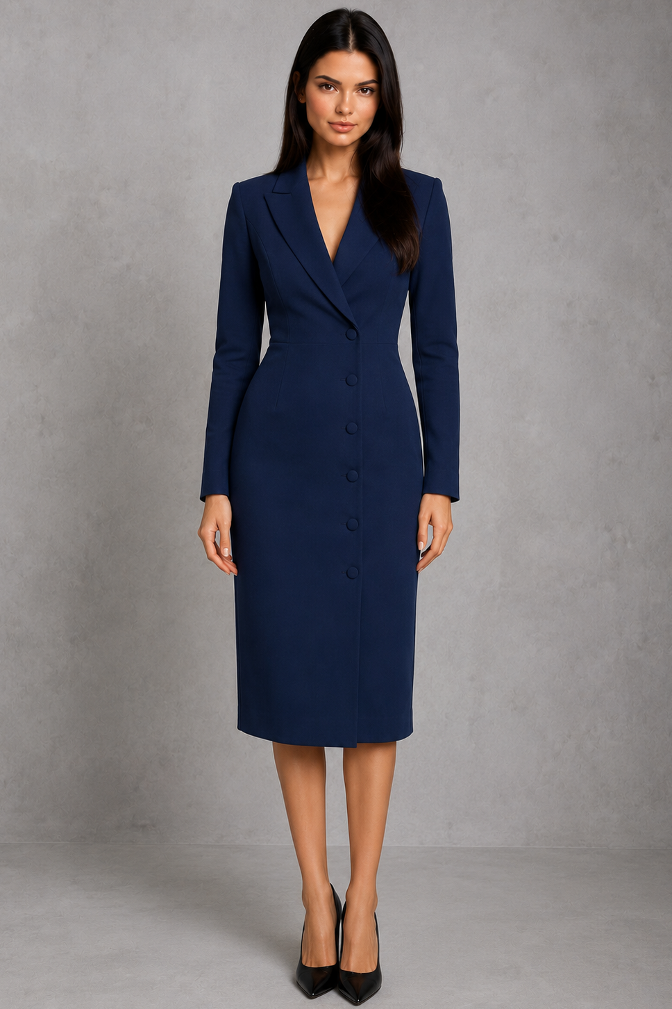 Women’s blazer midi dress with long sleeves, notched lapel neckline, single-breasted button closure, and a fitted tailored silhouette for work, cocktail events, and occasion wear.