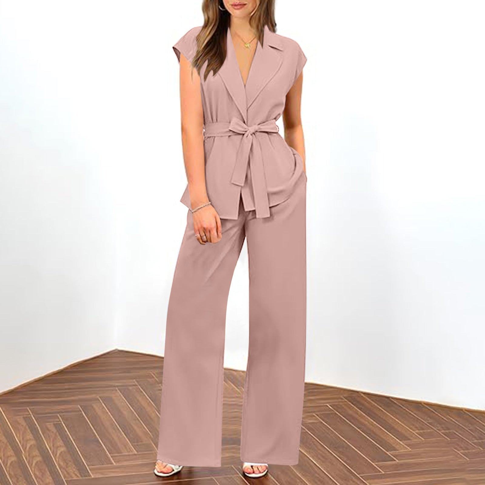 Women's blazer and wide leg trousers set with tailored fit and stretch fabric for versatile elegant wear