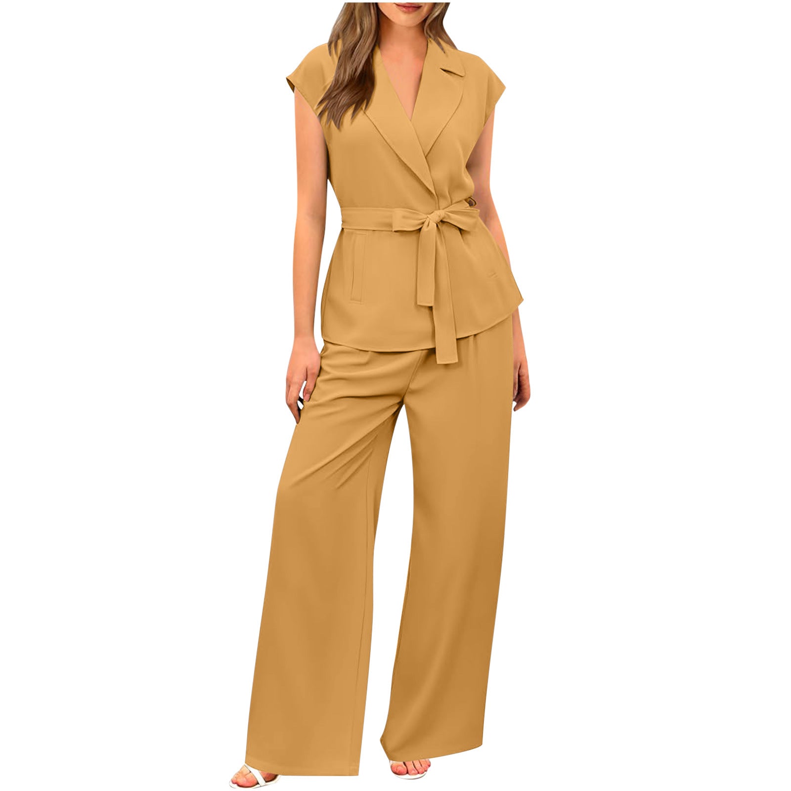 Women's blazer and wide leg trousers set with tailored fit and stretch fabric for versatile elegant wear