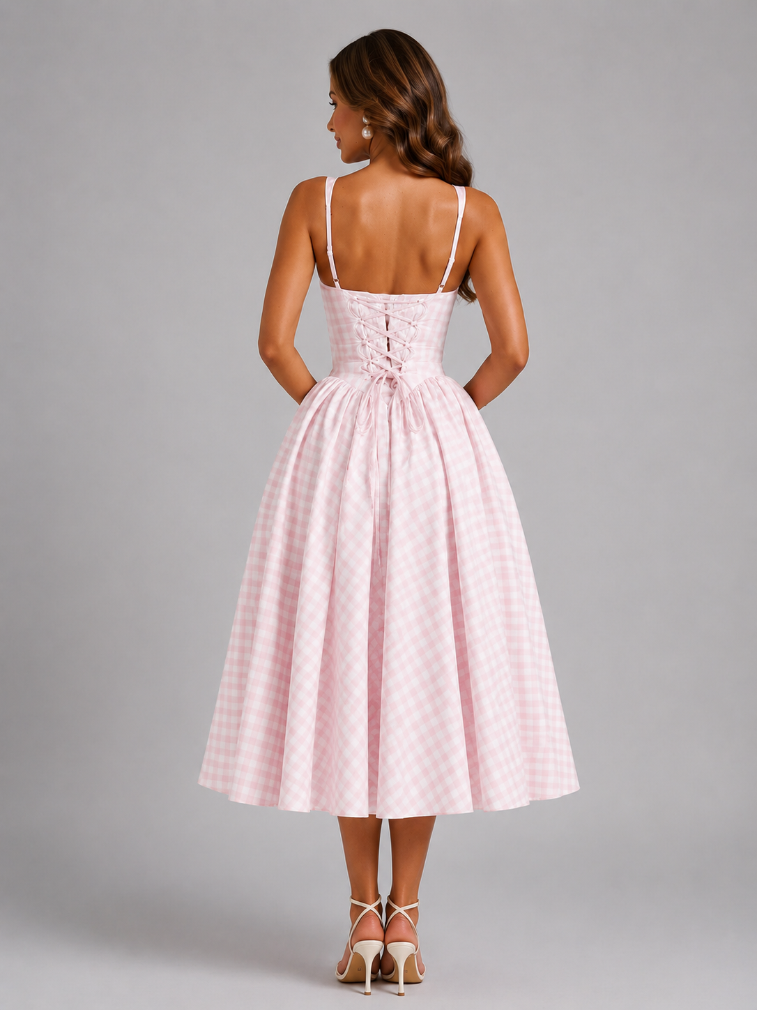 Women’s Gingham Midi Dress with Full Skirt for Special Occasions