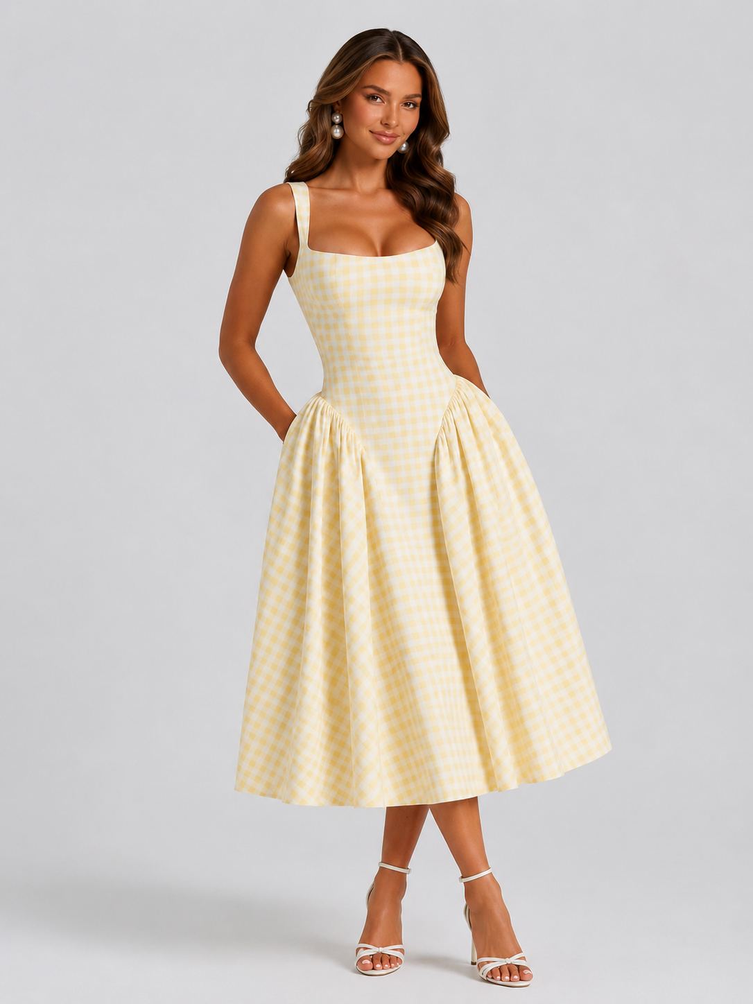 Women’s Gingham Midi Dress with Full Skirt for Special Occasions