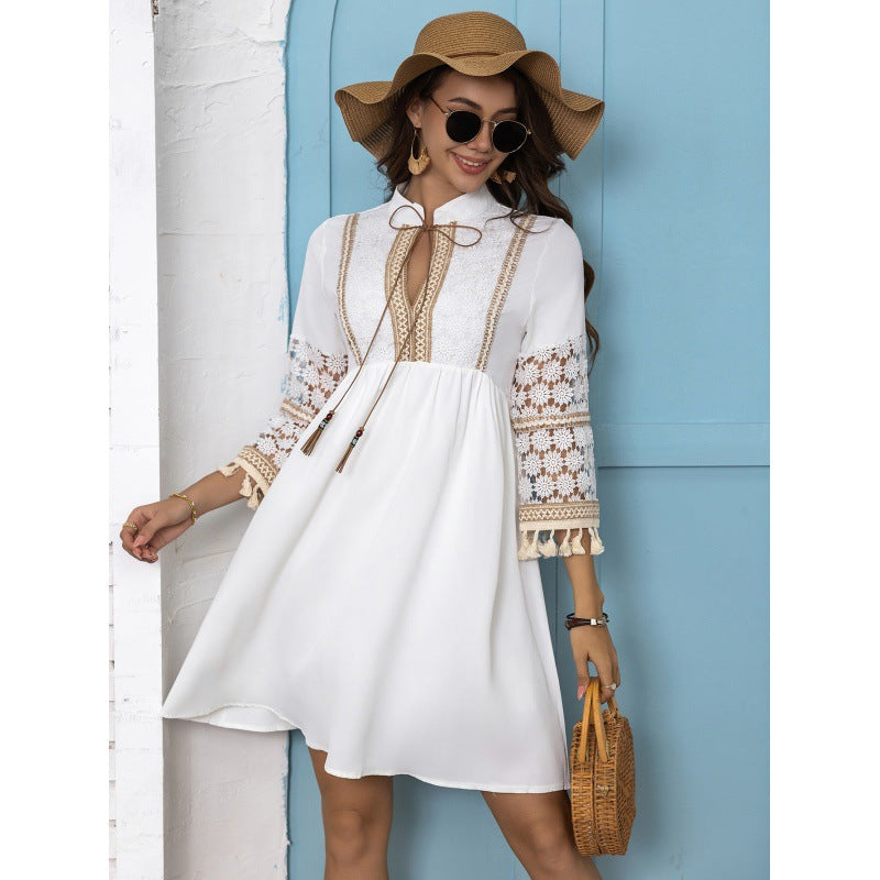 Women’s boho midi dress with floral embroidery and tie detail, relaxed fit and flowy silhouette