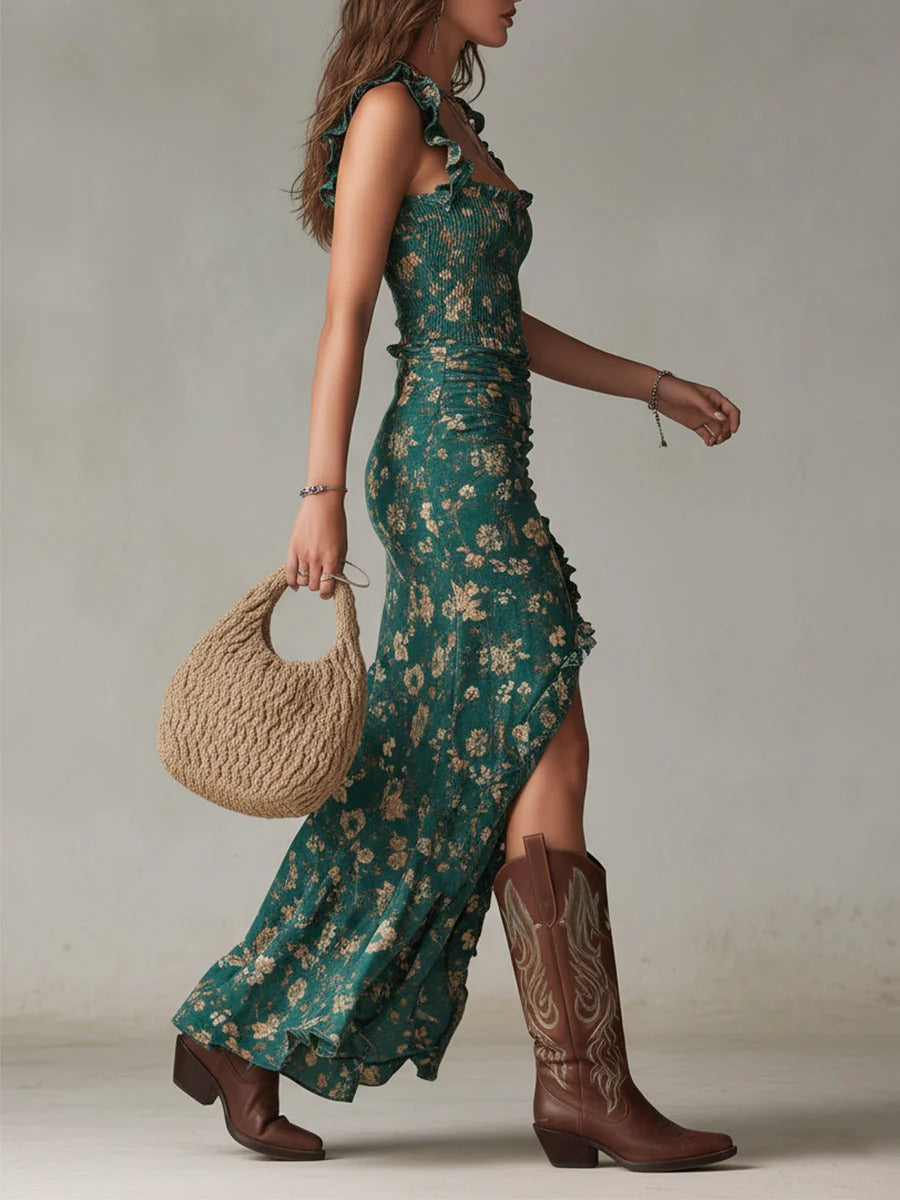Women’s boho flowy side slit maxi dress featuring a relaxed silhouette, lightweight breathable fabric, long sleeves, and a flattering side slit. Designed for comfortable everyday wear, holidays, casual gatherings, and relaxed evening occasions.