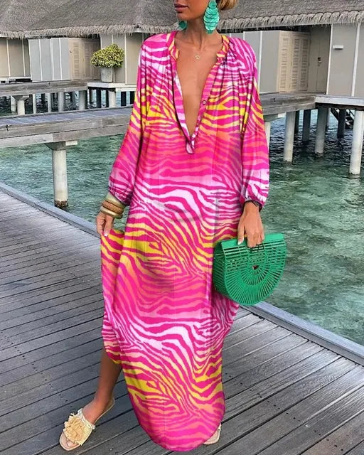 Women’s boho print maxi dress with deep V neck and long sleeves in ankle length silhouette