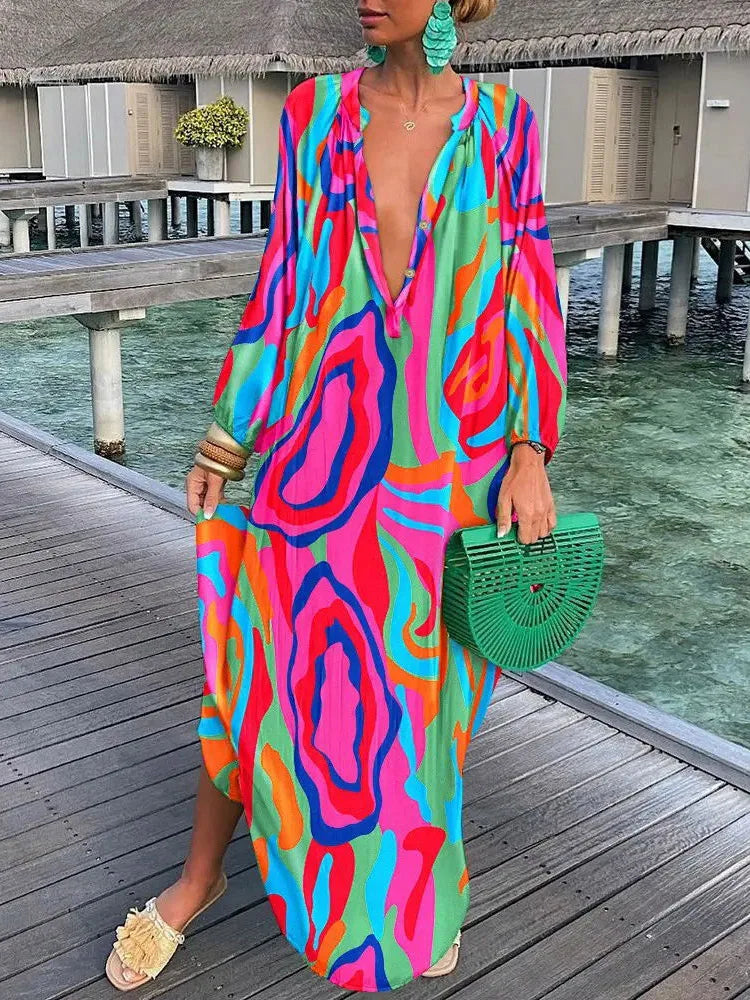 Women’s boho print maxi dress with deep V neck and long sleeves in ankle length silhouette