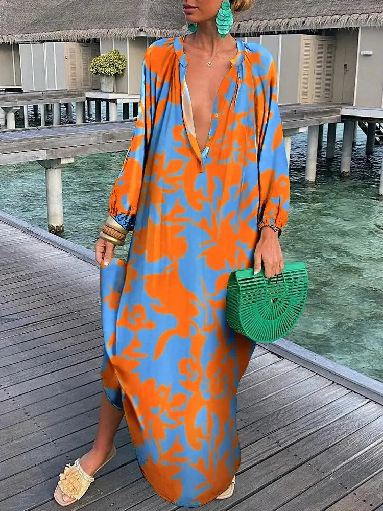 Women’s boho print maxi dress with deep V neck and long sleeves in ankle length silhouette