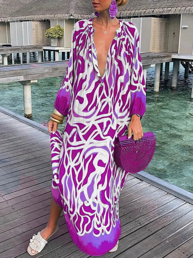 Women’s boho print maxi dress with deep V neck and long sleeves in ankle length silhouette