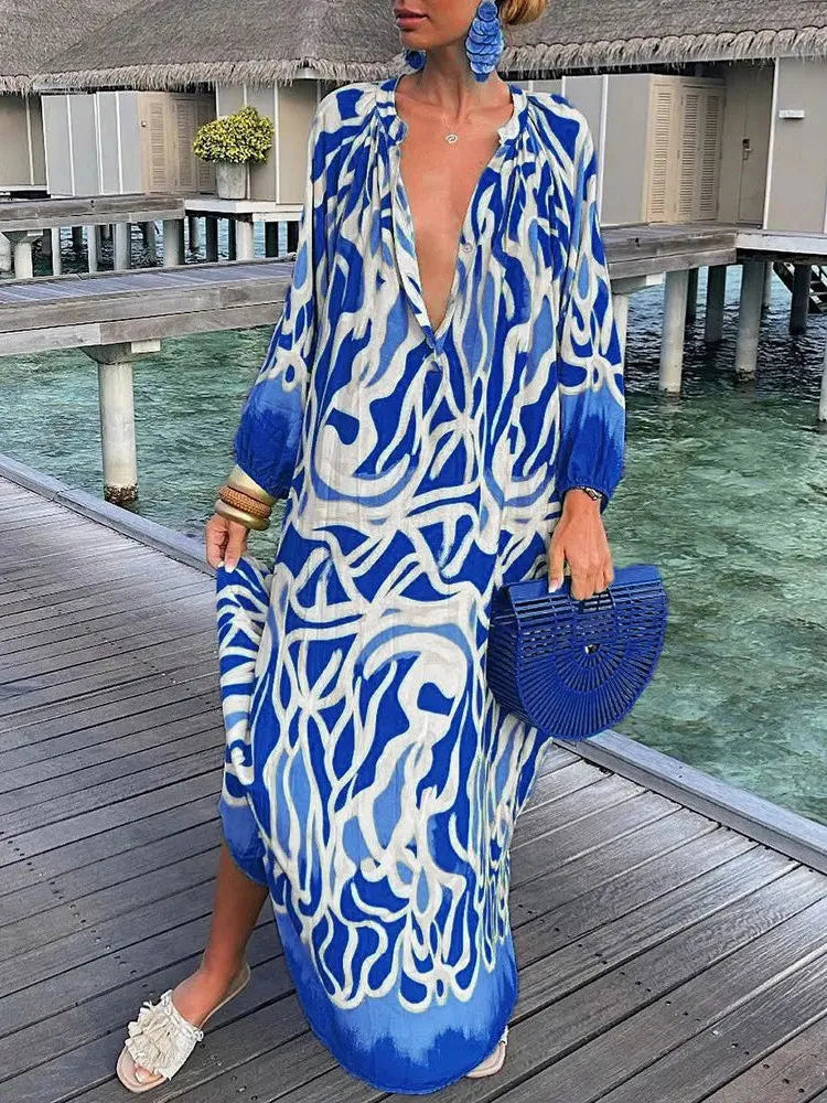 Women’s boho print maxi dress with deep V neck and long sleeves in ankle length silhouette