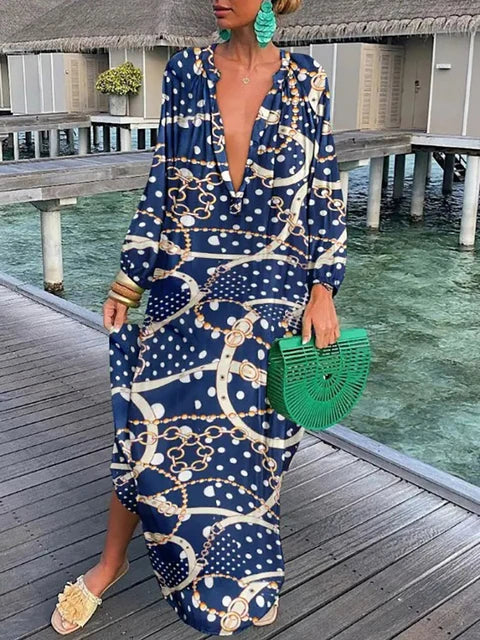 Women’s boho print maxi dress with deep V neck and long sleeves in ankle length silhouette