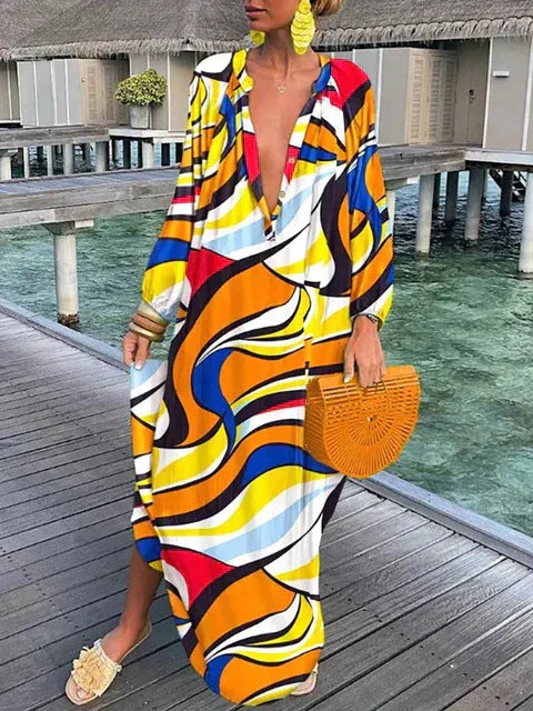 Women’s boho print maxi dress with deep V neck and long sleeves in ankle length silhouette