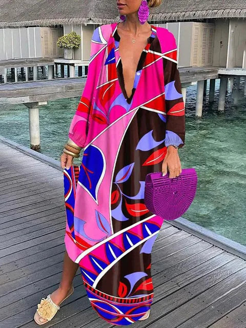Women’s boho print maxi dress with deep V neck and long sleeves in ankle length silhouette