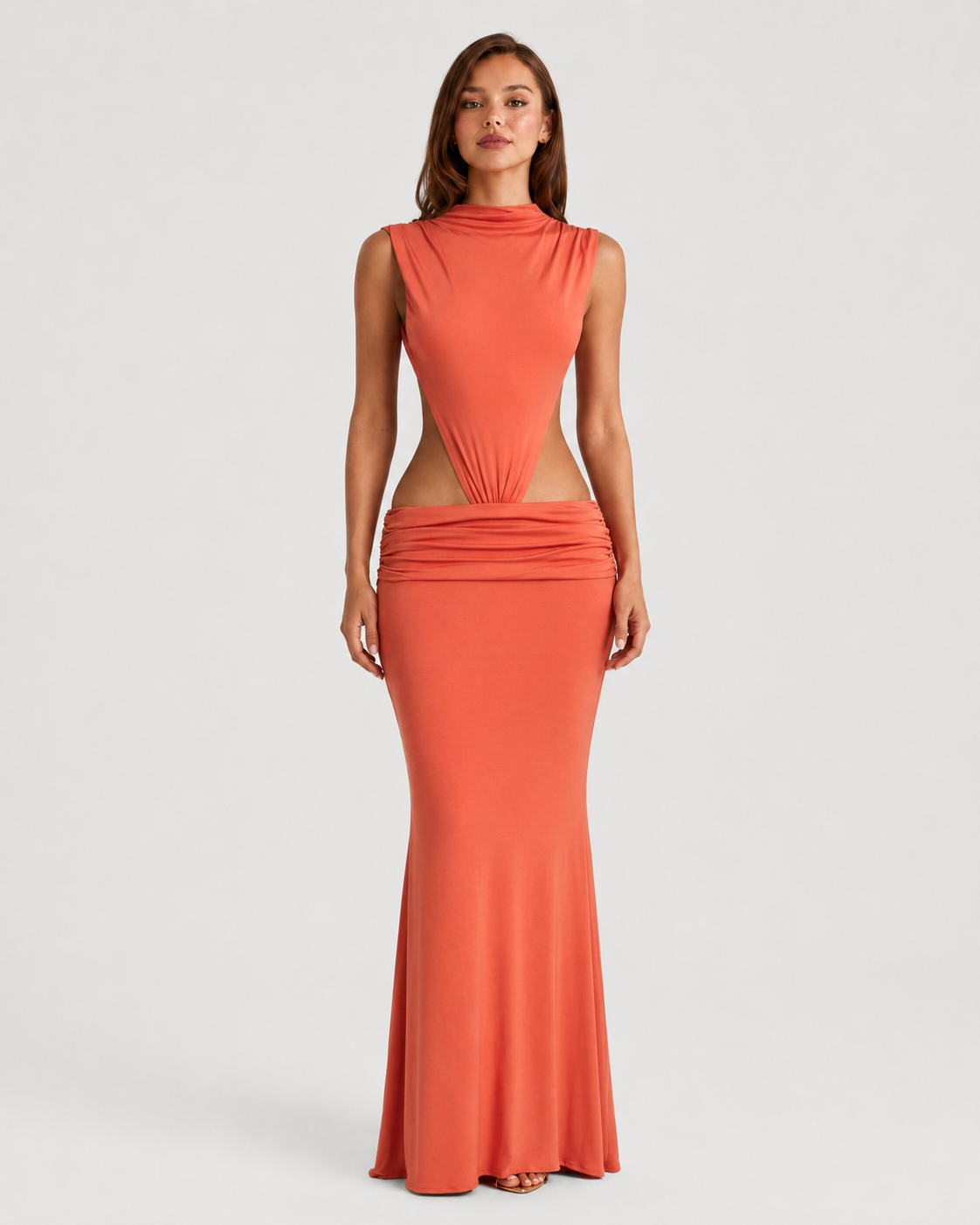 Women's bodycon maxi dress in premium modal jersey featuring a high neckline, cut-out side detail, open back, ruched dropped waist, and flowing flared hem, designed for elegant evening occasions and formal events.