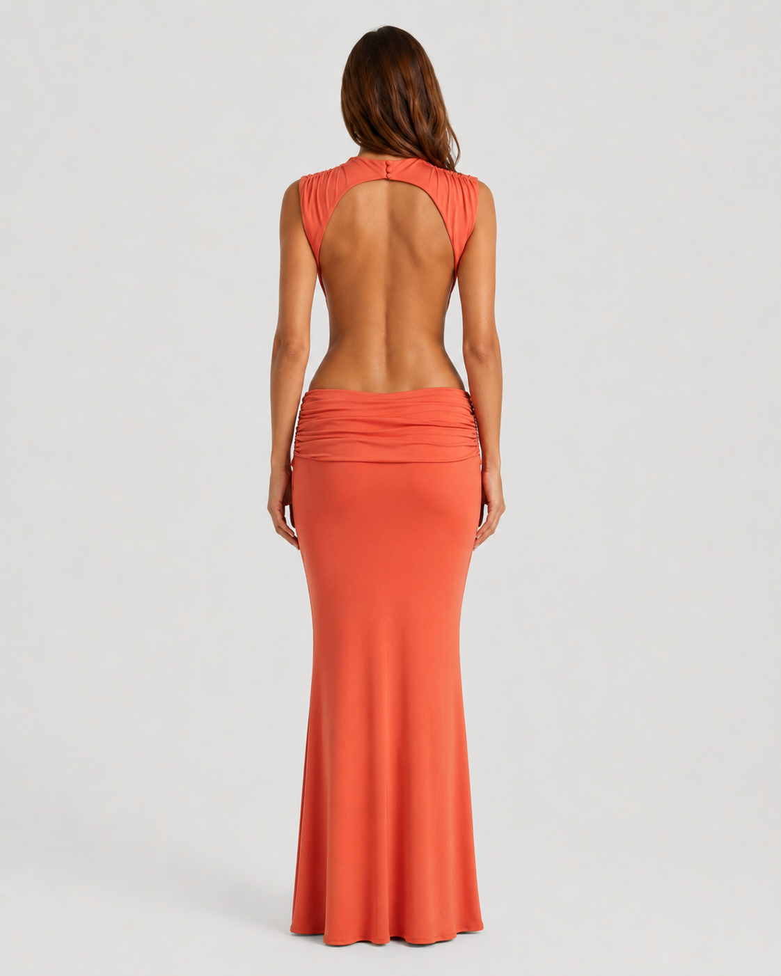 Women's bodycon maxi dress in premium modal jersey featuring a high neckline, cut-out side detail, open back, ruched dropped waist, and flowing flared hem, designed for elegant evening occasions and formal events.