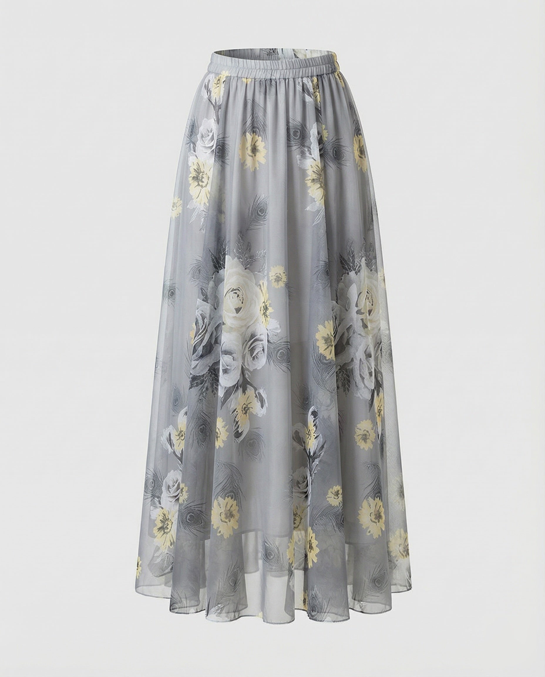 Women’s chiffon floral maxi skirt with elastic waist and flowing A-line fit