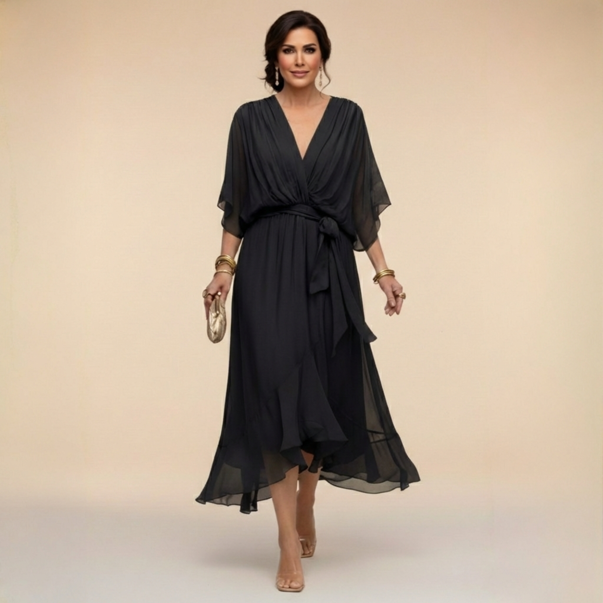 Women’s flowing chiffon dress with V-neck and graceful silhouette