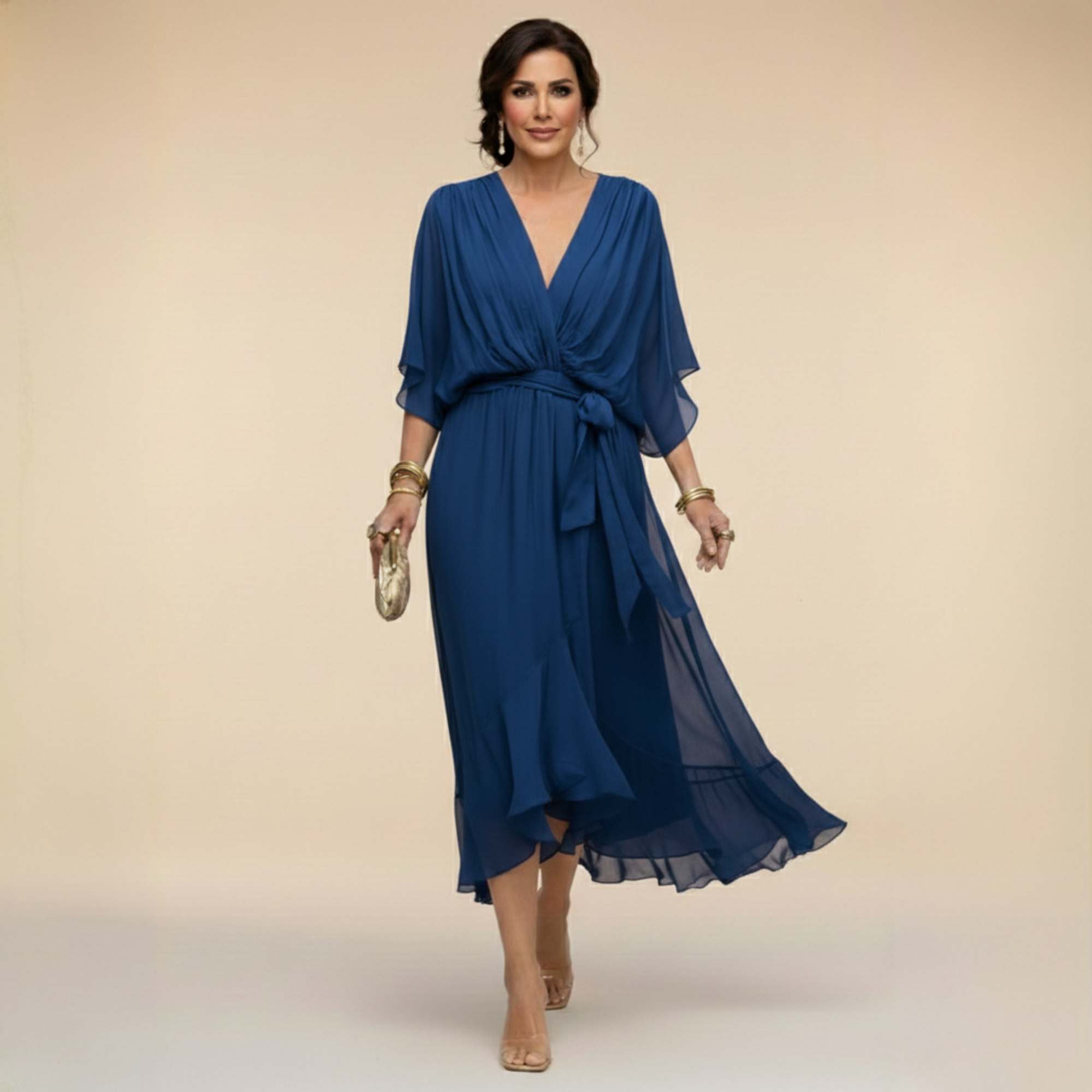Women’s flowing chiffon dress with V-neck and graceful silhouette