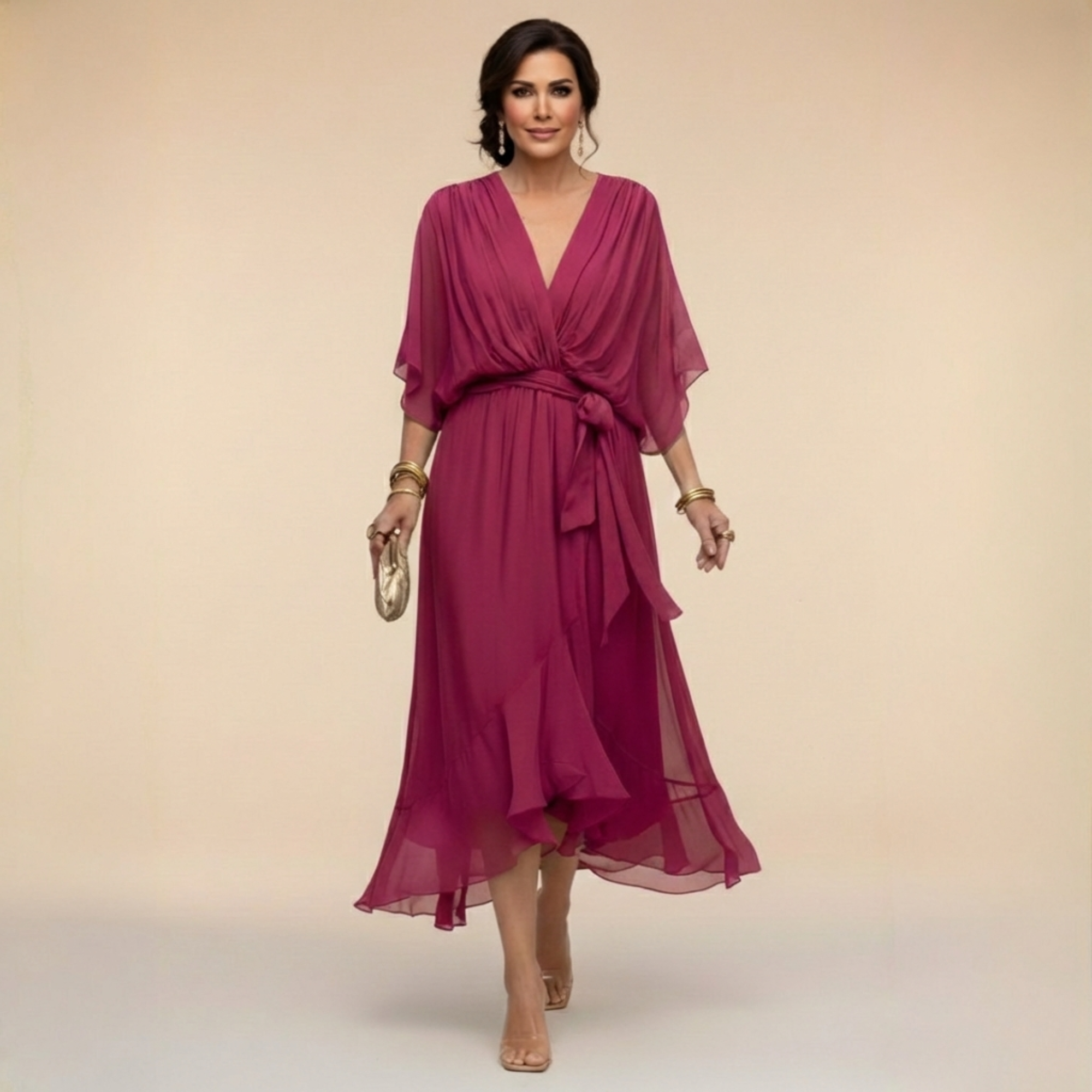 Women’s flowing chiffon dress with V-neck and graceful silhouette