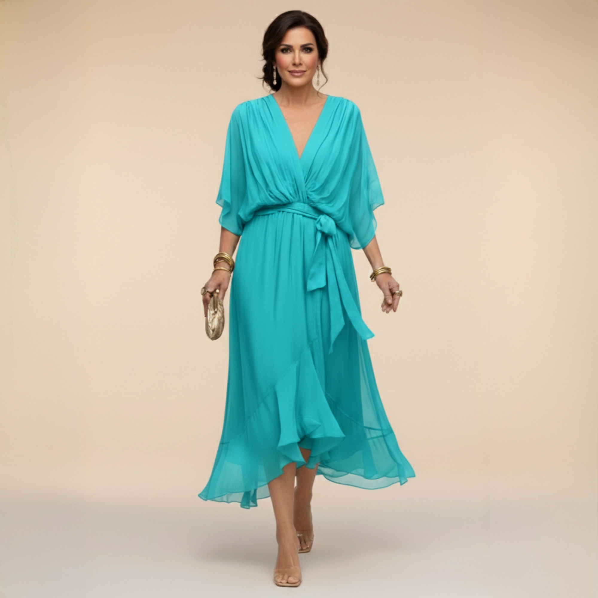 Women’s flowing chiffon dress with V-neck and graceful silhouette