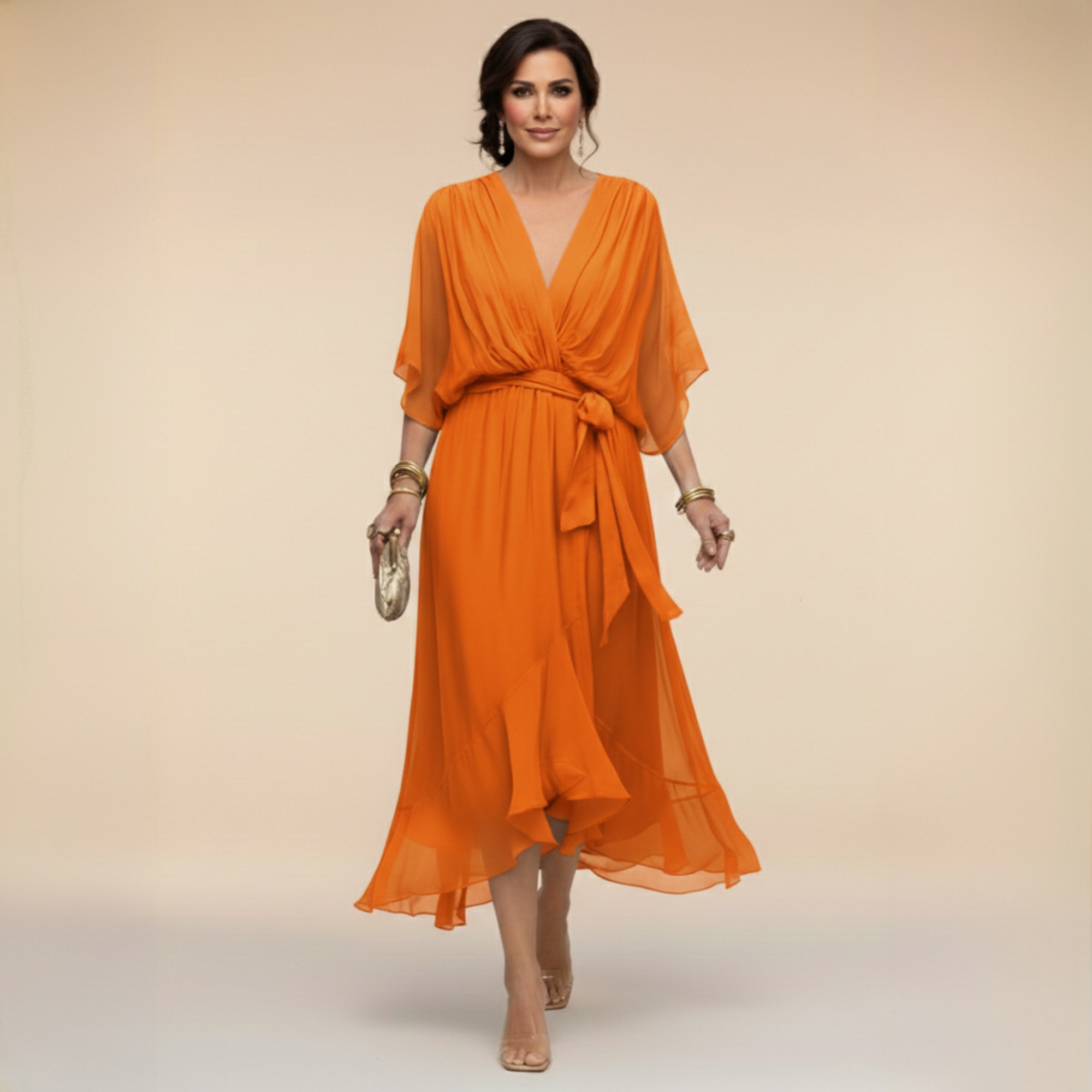Women’s flowing chiffon dress with V-neck and graceful silhouette