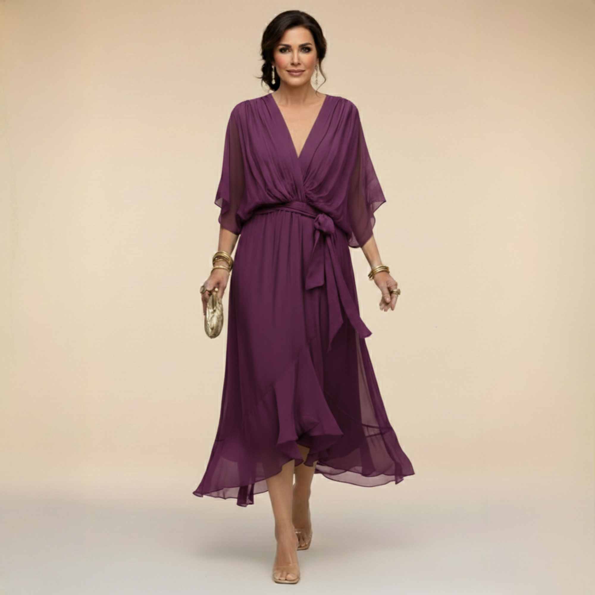 Women’s flowing chiffon dress with V-neck and graceful silhouette