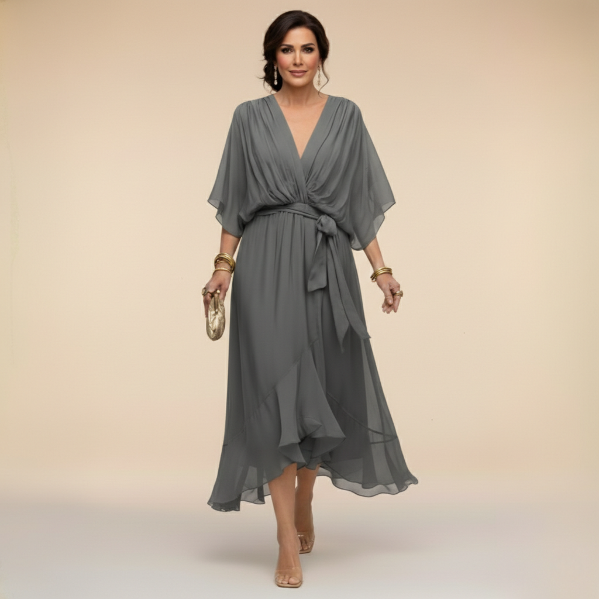 Women’s flowing chiffon dress with V-neck and graceful silhouette