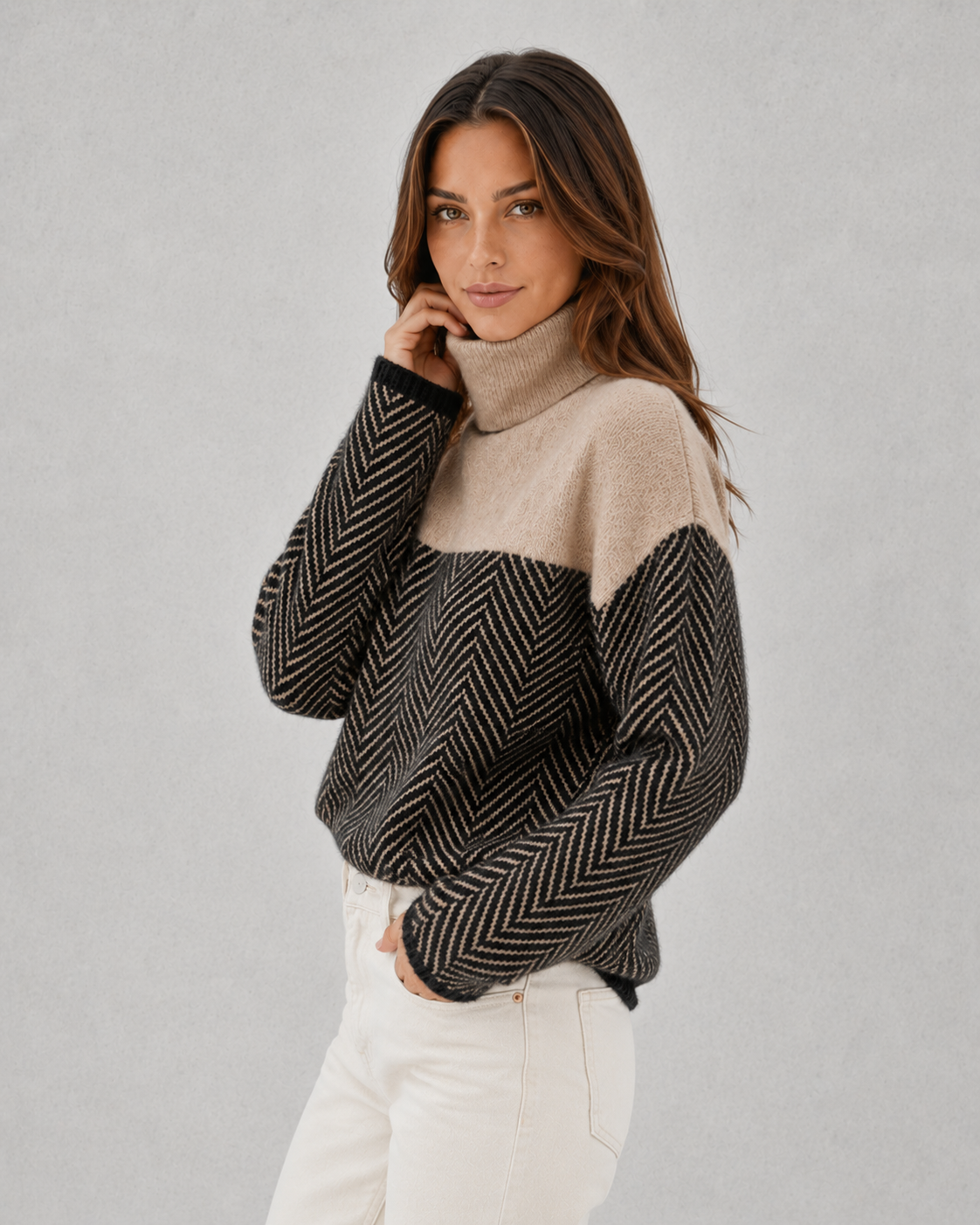 Women's classic turtleneck knit sweater featuring a relaxed fit, soft breathable fabric, and timeless design for everyday winter wear.
