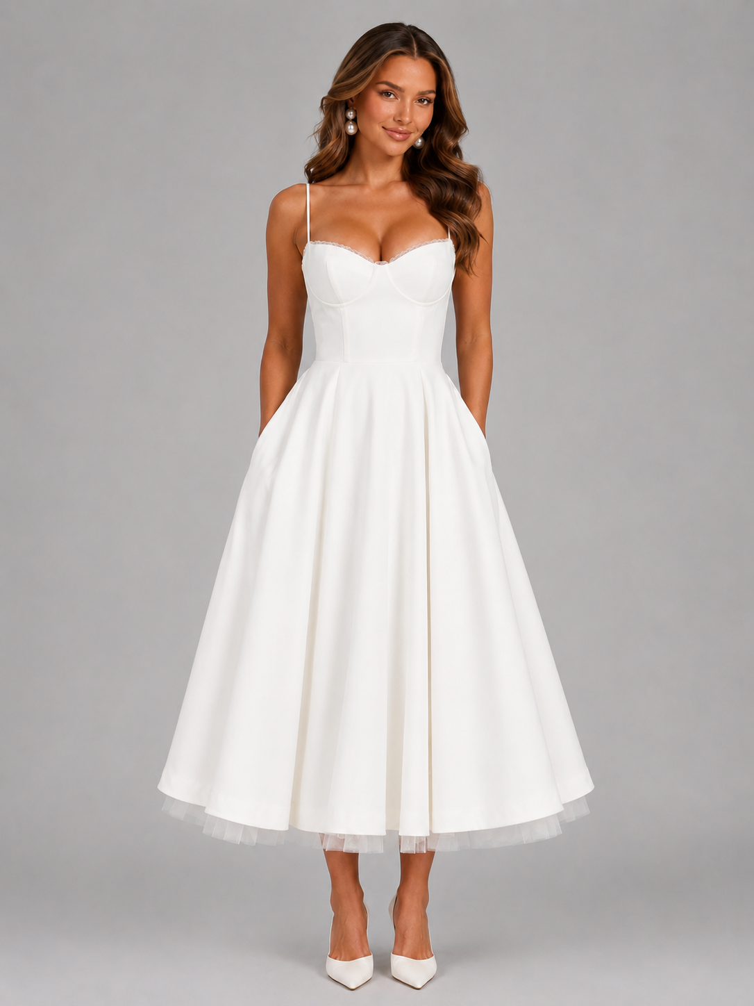 Women’s Corset Midi Dress with Full Skirt for Weddings & Special Occasions