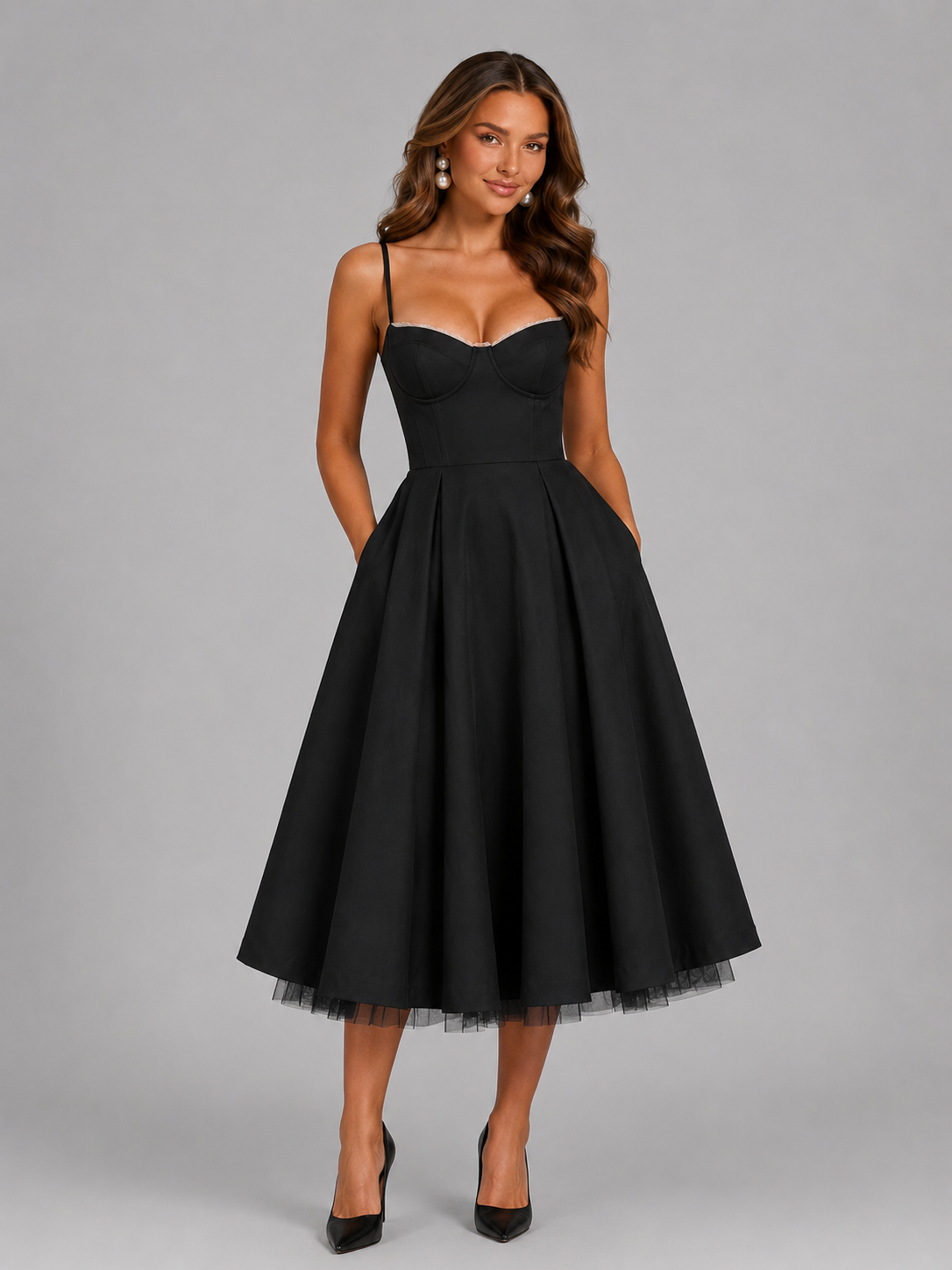 Women’s Corset Midi Dress with Full Skirt for Weddings & Special Occasions