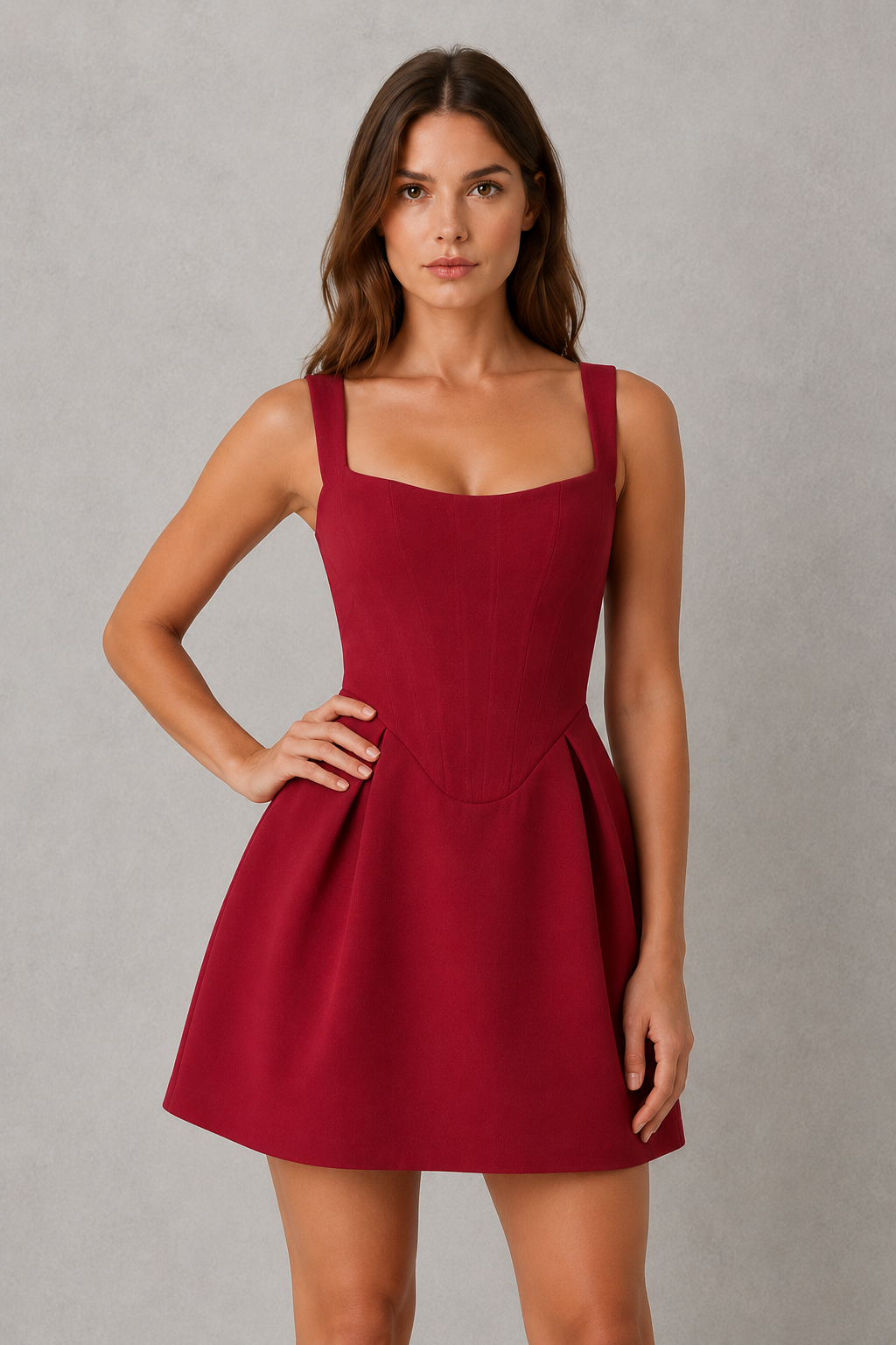 Woman wearing a women’s corset mini dress with a square neckline, adjustable thick straps, dropped V-waist, and voluminous skirt in structured woven fabric for parties and special occasions.