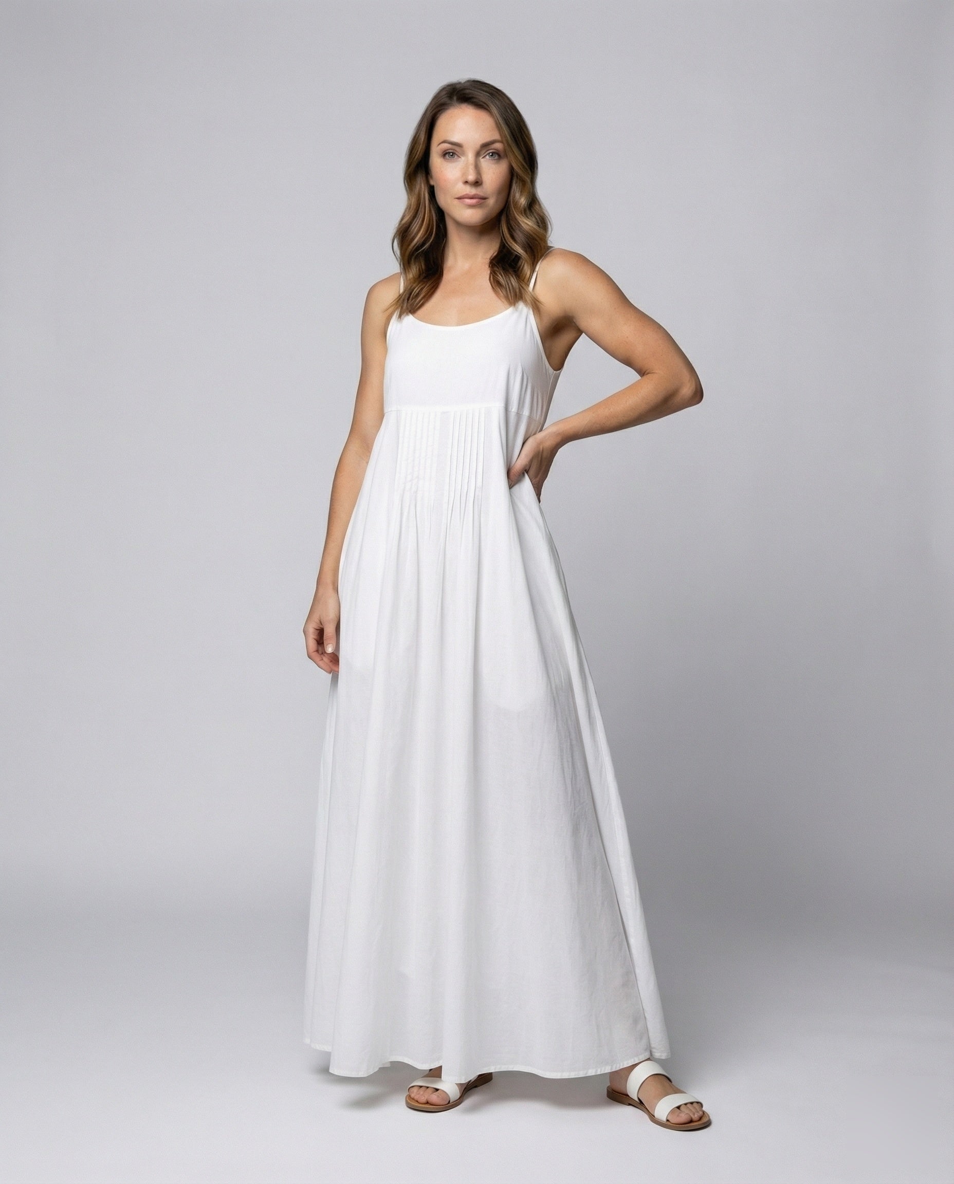 Women’s cotton blend ruffle maxi dress with spaghetti straps and flowing A-line fit