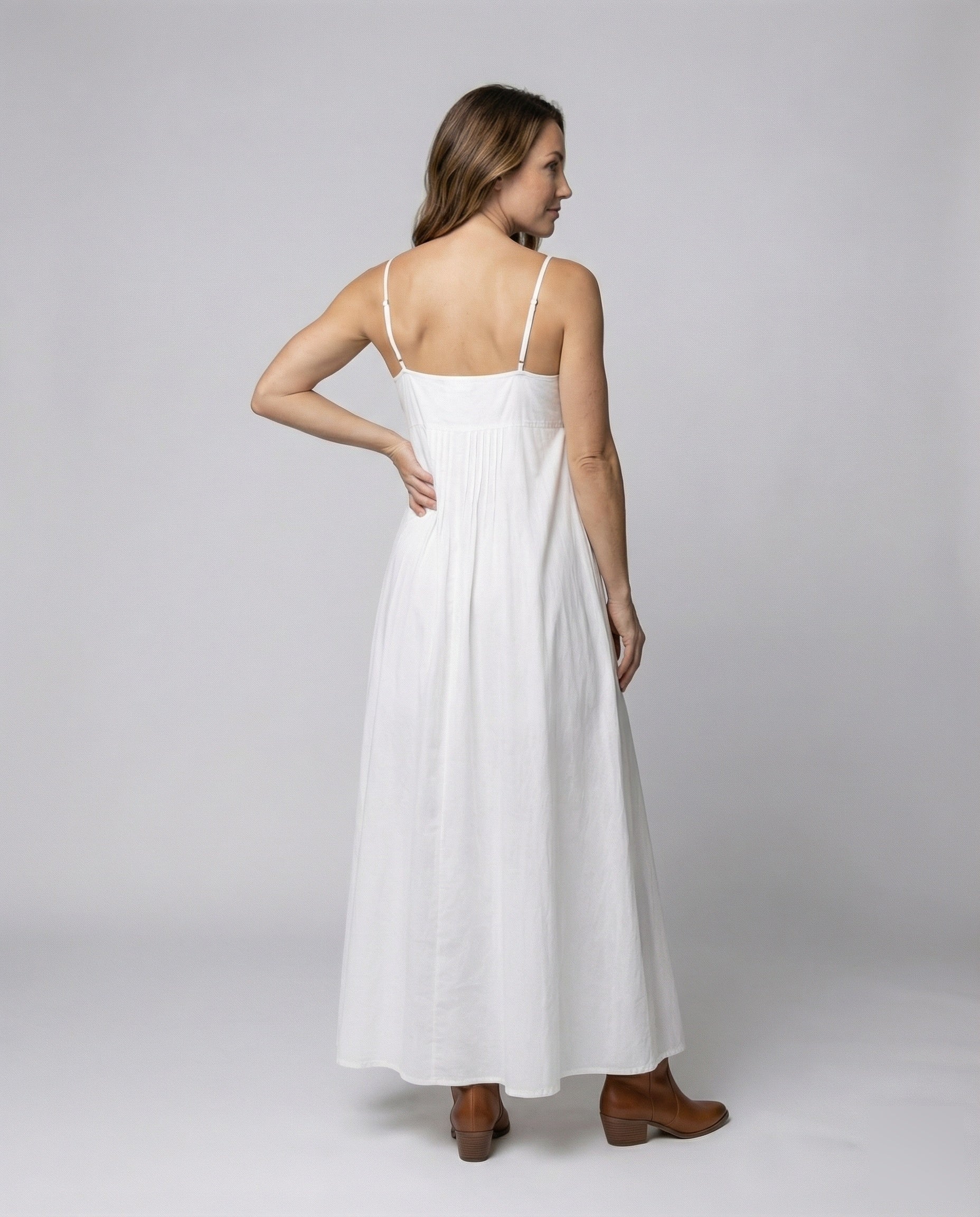 Women’s cotton blend ruffle maxi dress with spaghetti straps and flowing A-line fit